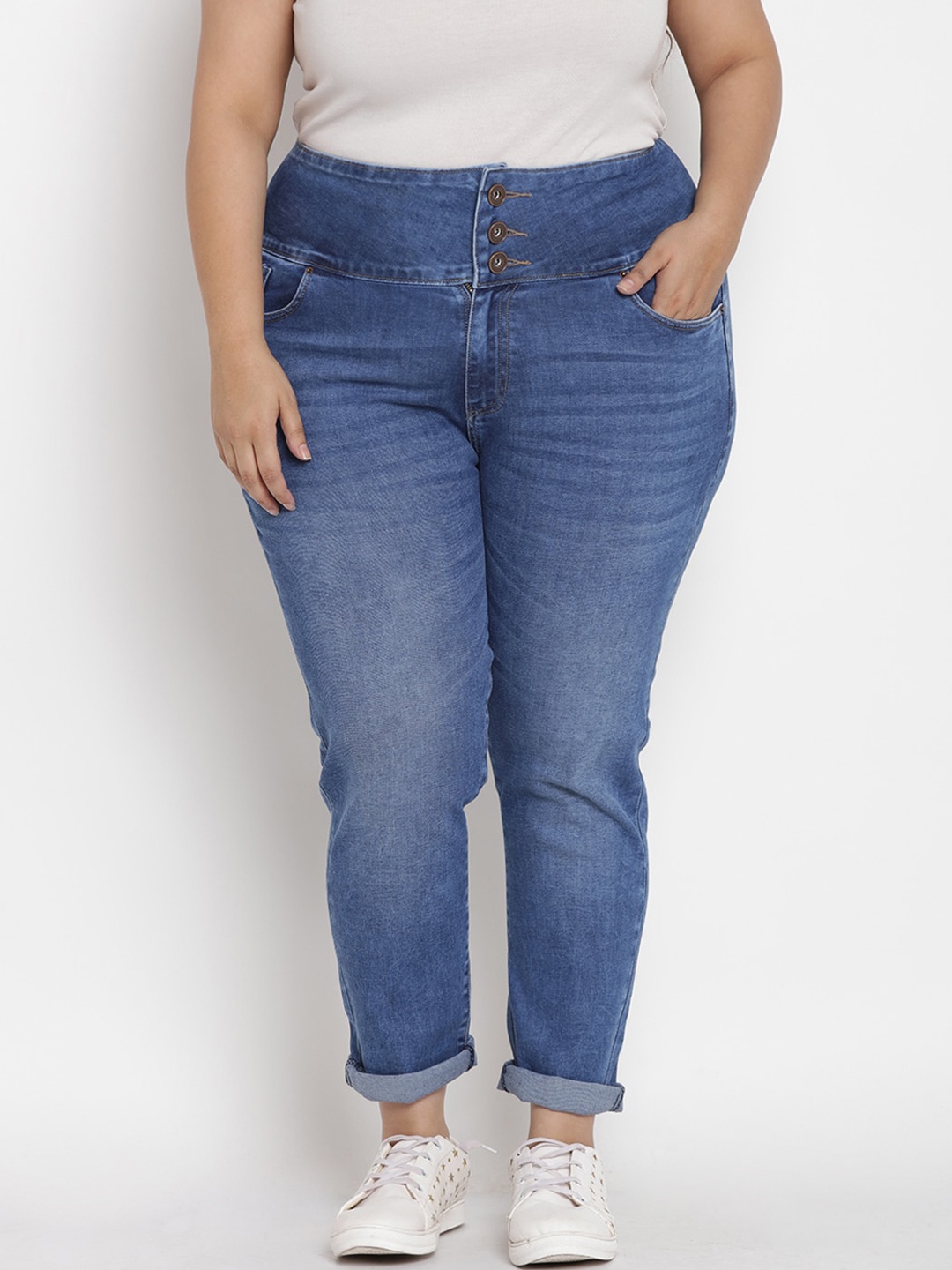 

Kiaahvi by JOHN PRIDE Women Plus Size Blue Slim Fit High-Rise Light Fade Stretchable Jeans