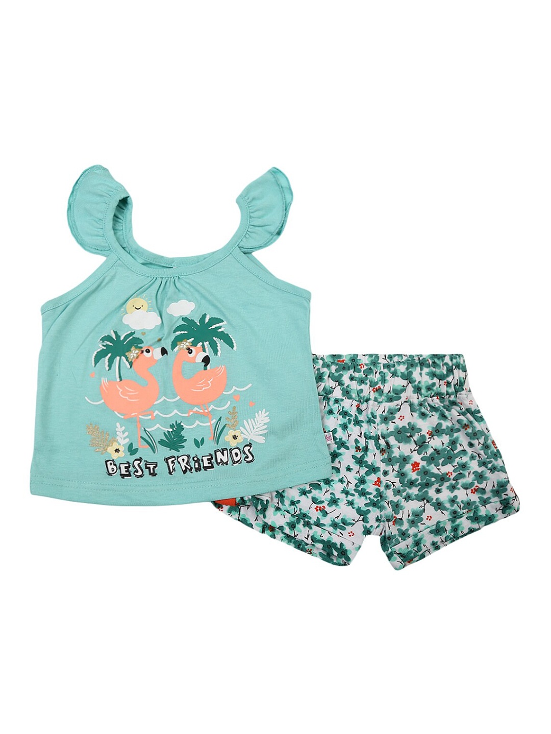 

V-Mart Girls Sea Green Printed Pure Cotton Top with Shorts