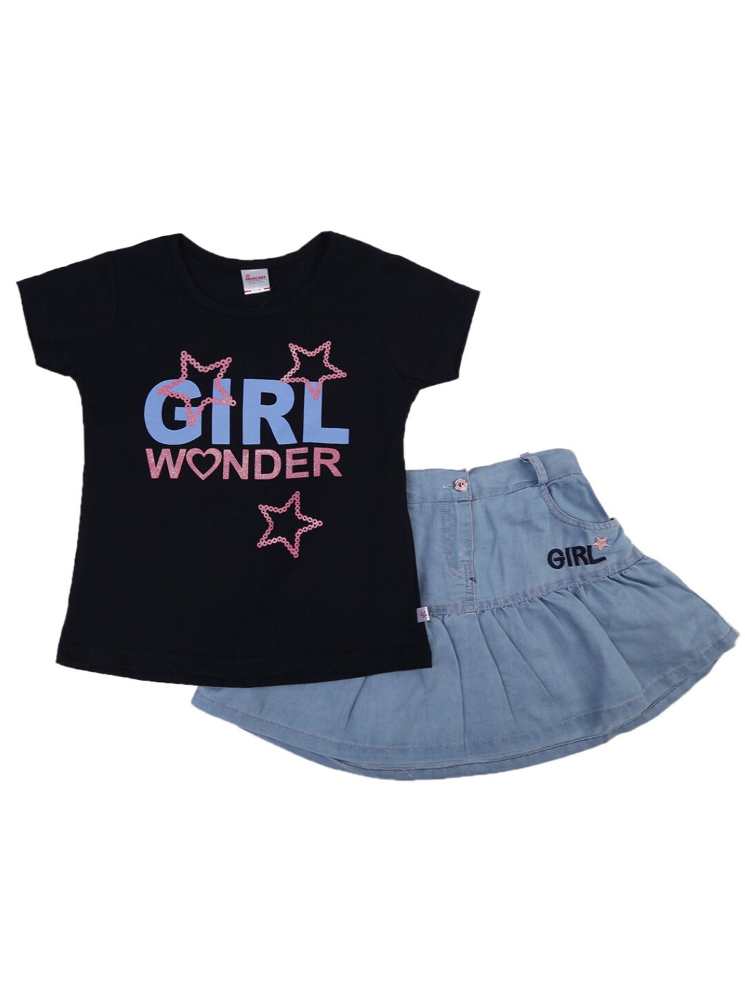 

V-Mart Girls Black & Blue Printed T-shirt with Skirt