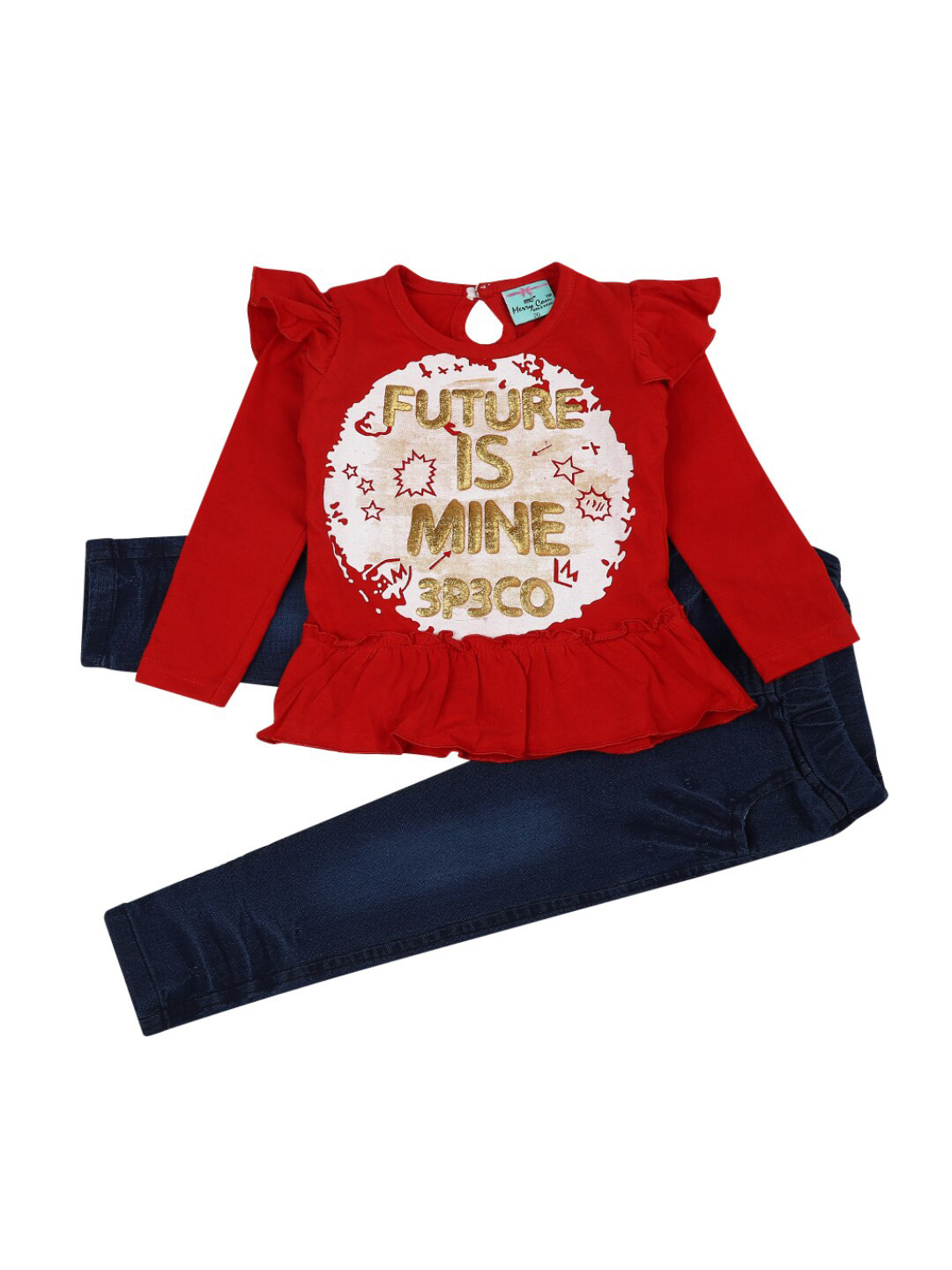 

V-Mart Girls Red & Navy Blue Cotton Printed Ruffled Top with Trousers