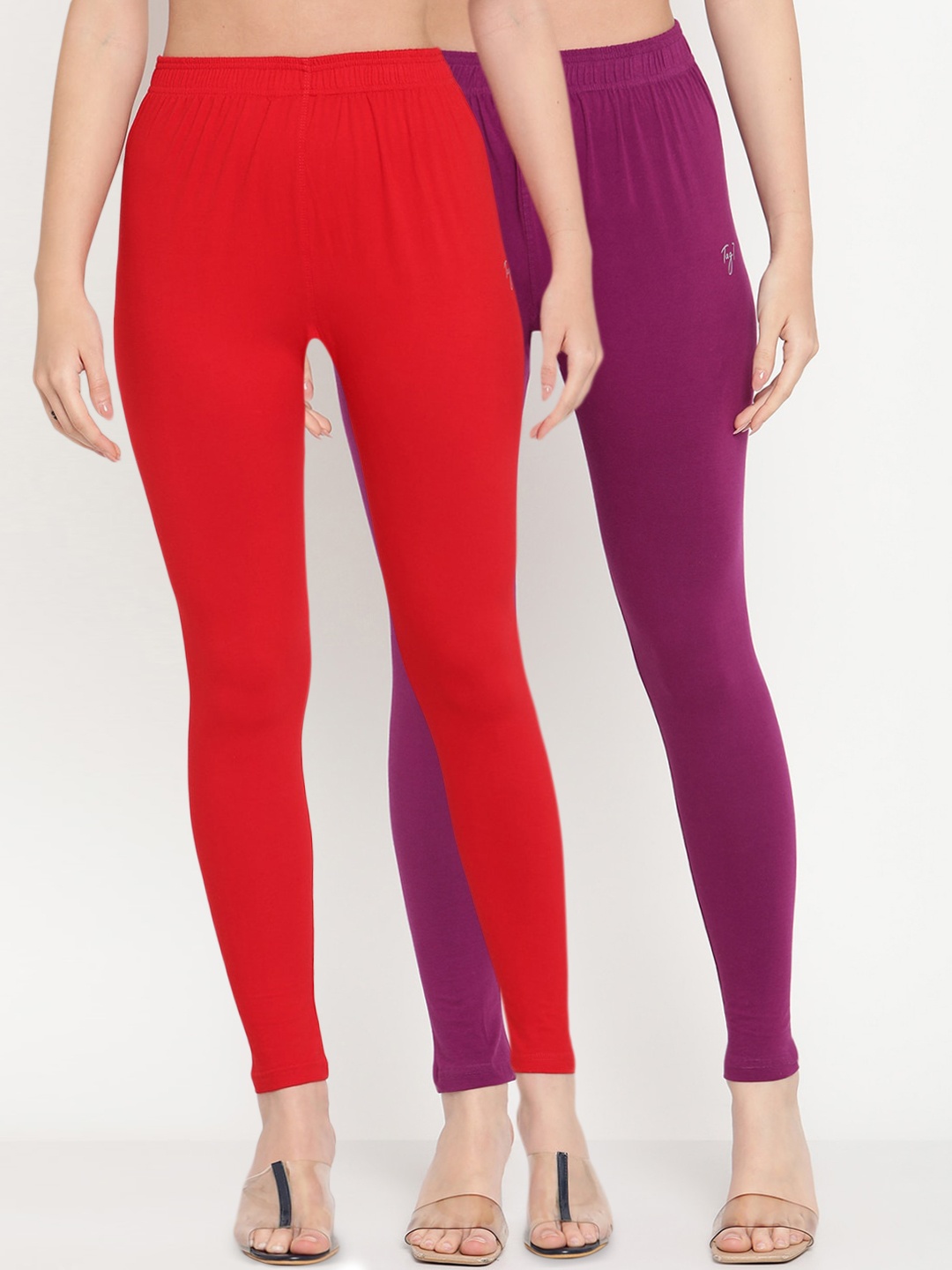 

TAG 7 Women Pack Of 2 Purple & Red Solid Comfort-Fit Ankle-Length Leggings