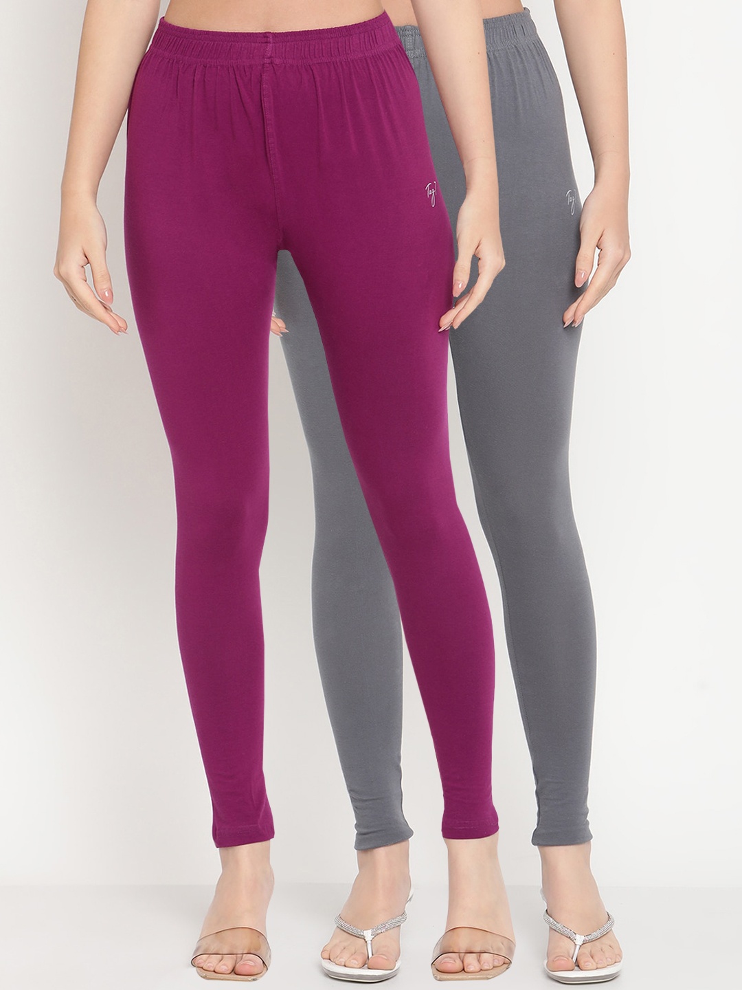 

TAG 7 Women Pack Of 2 Purple & Grey Solid Comfort-Fit Ankle-Length Leggings