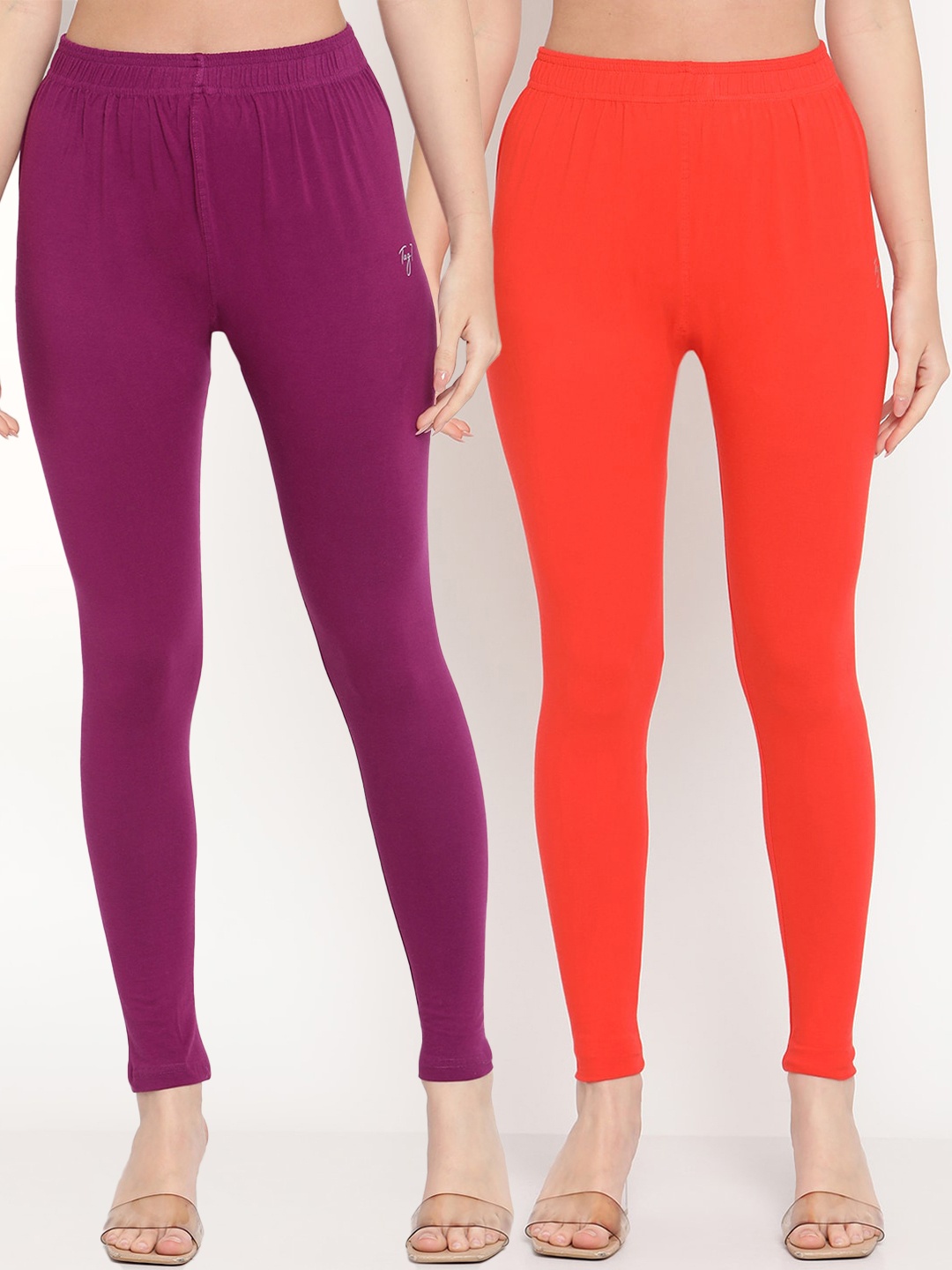 

TAG 7 Women Purple & Orange Pack Of 2 Solid Comfort-Fit Ankle-Length Leggings
