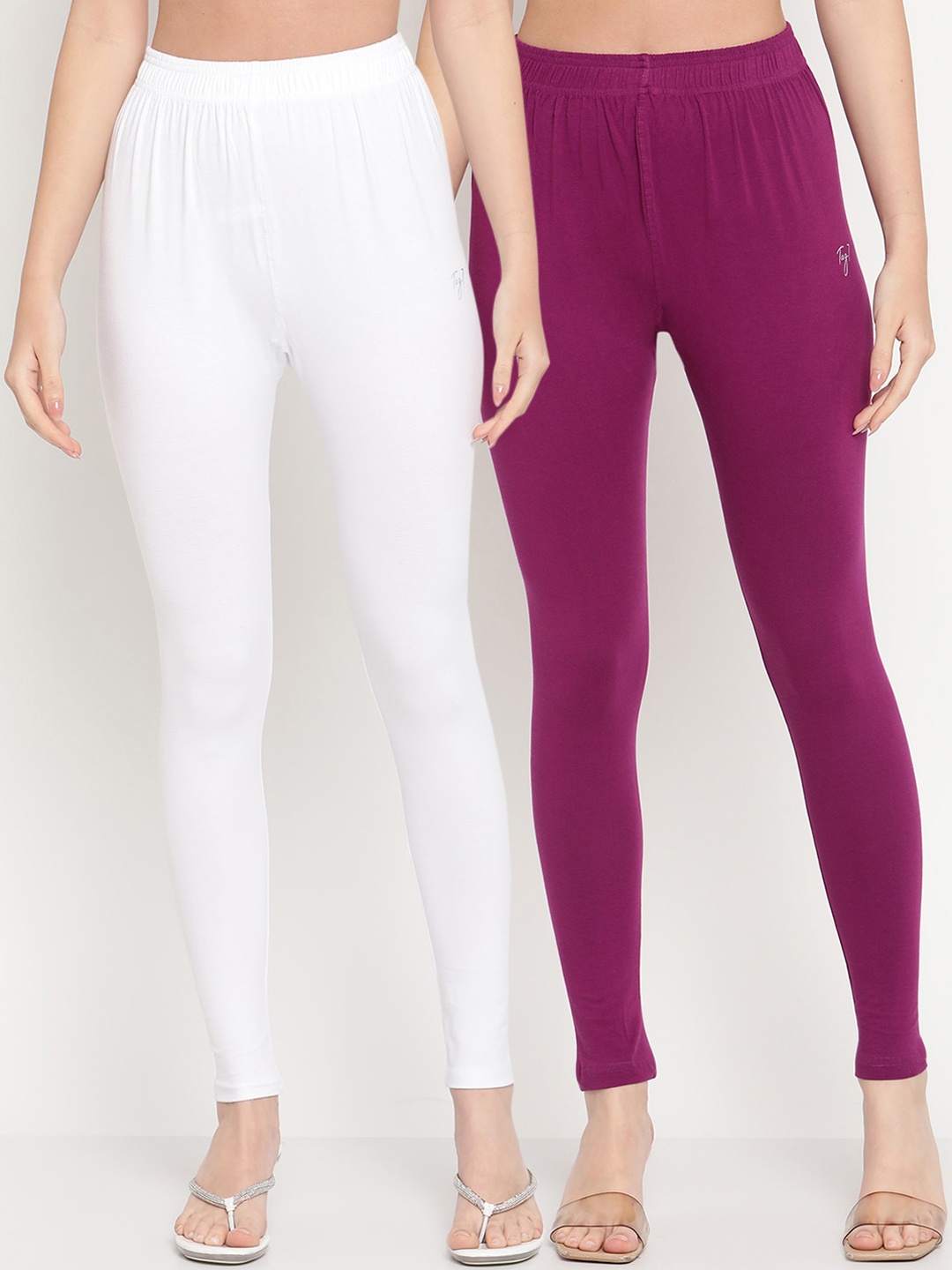 

TAG 7 Women Pack Of 2 Purple & White Solid Comfort-Fit Ankle-Length Leggings