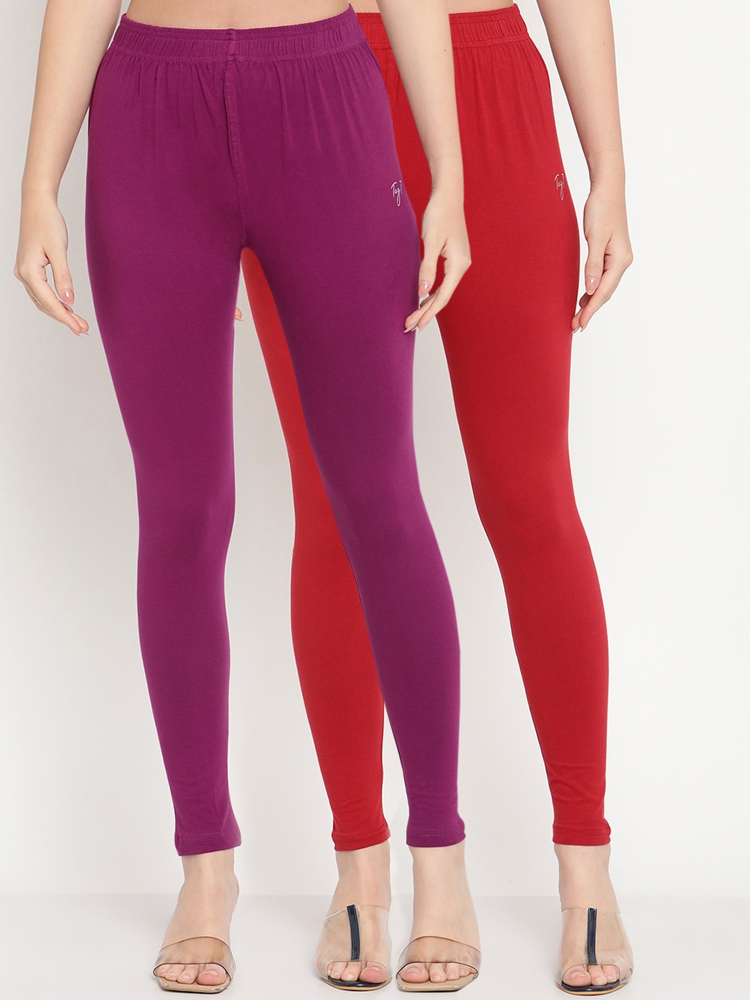 

TAG 7 Women Purple & Red Pack of 2 Solid Comfort Fit Ankle Length Leggings