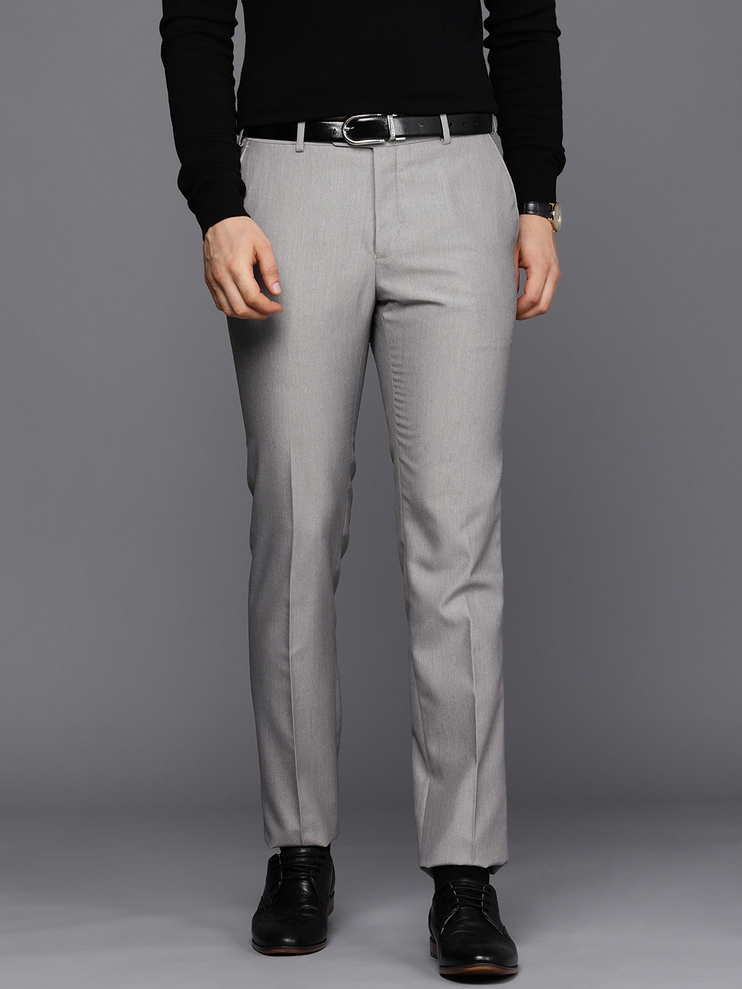 

Raymond Men Grey Textured Slim Fit Mid-Rise Formal Trousers