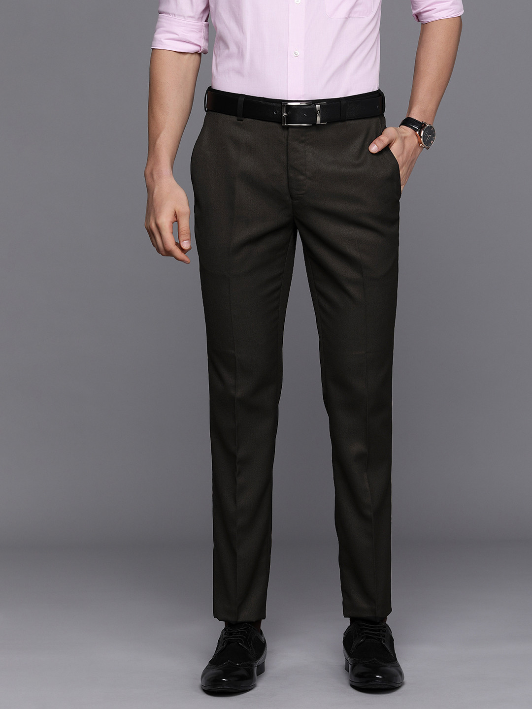

Raymond Men Black Textured Slim Fit MId Rise Trousers