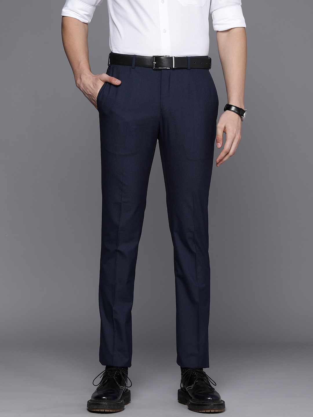 

Raymond Men Navy Blue Self Designed Slim Fit Formal Trousers