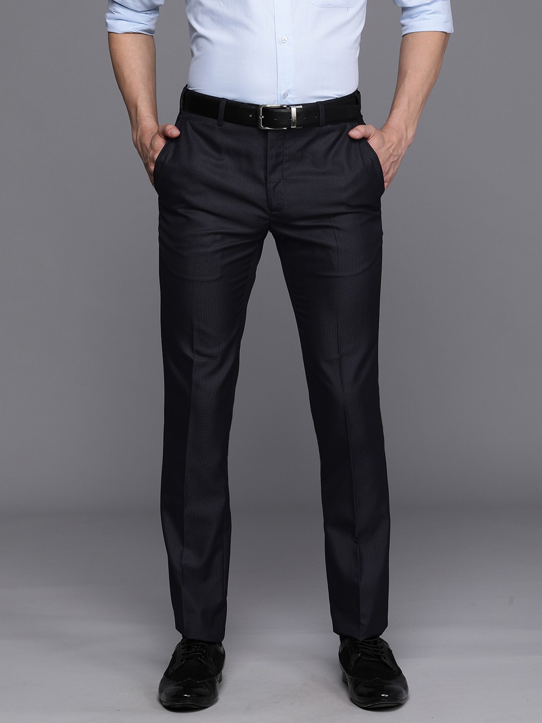 

Raymond Men Dark Blue Self Design Slim Fit Formal Trousers