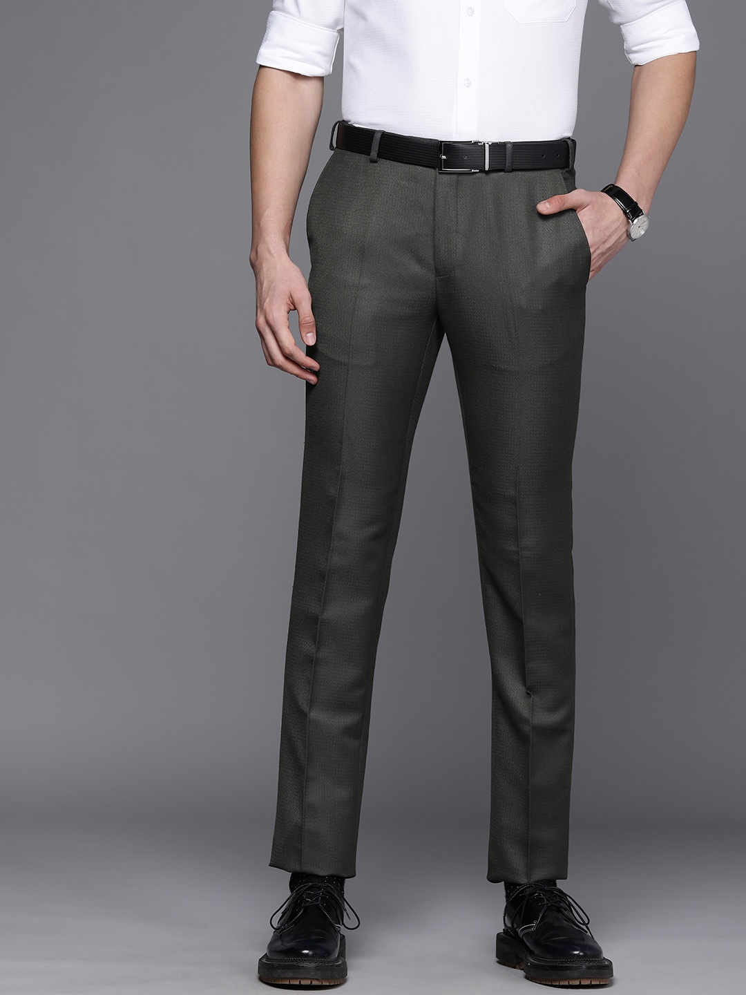 

Raymond Men Grey Self Designed Slim Fit Formal Trousers