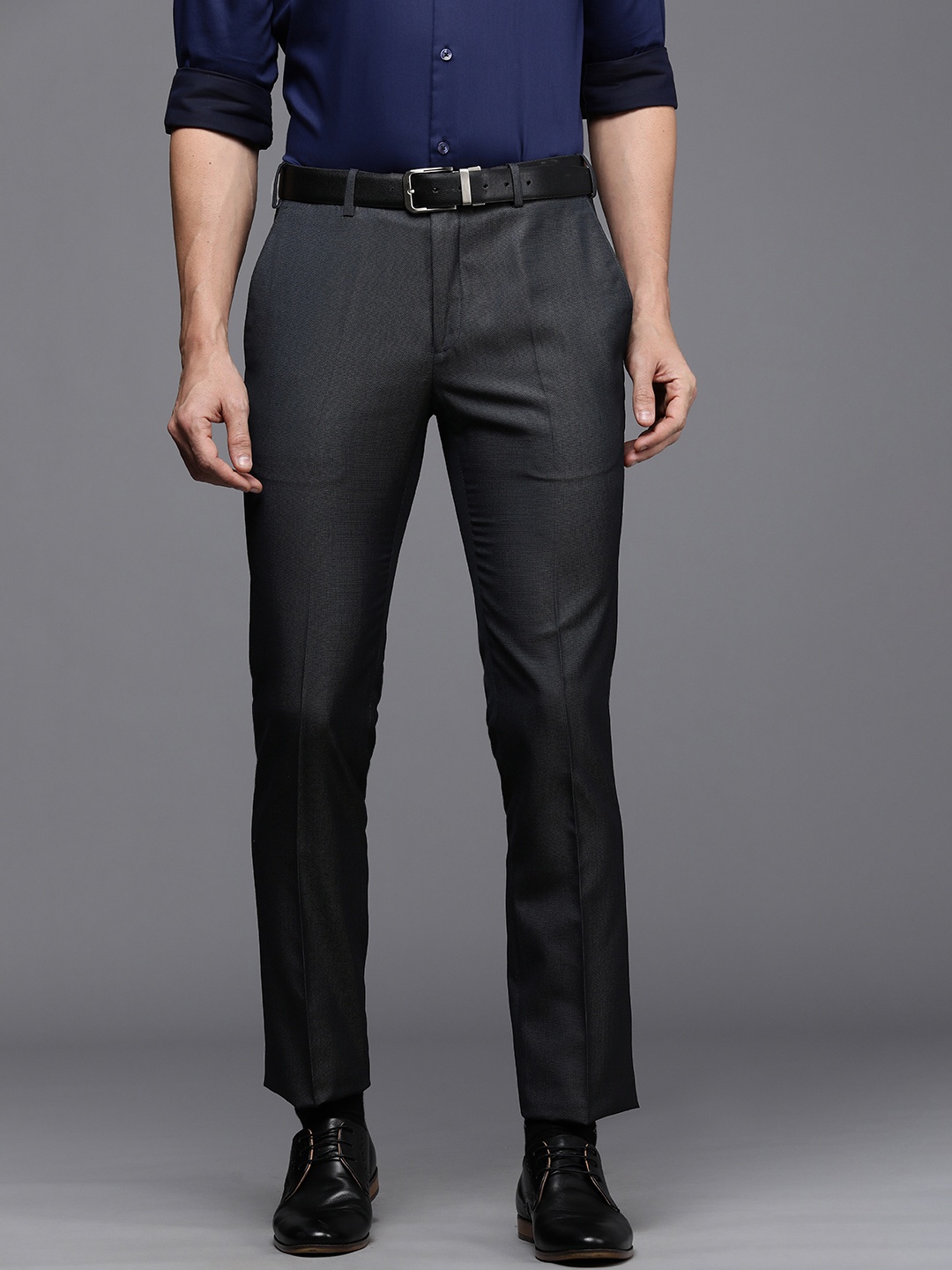 

Raymond Men Navy Blue Textured Slim Fit Formal Trousers