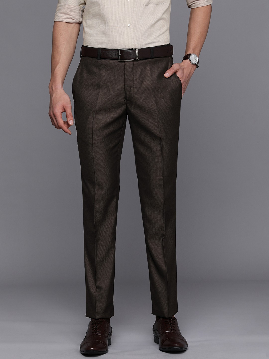 

Raymond Men Brown Textured Slim Fit Mid Rise Trousers