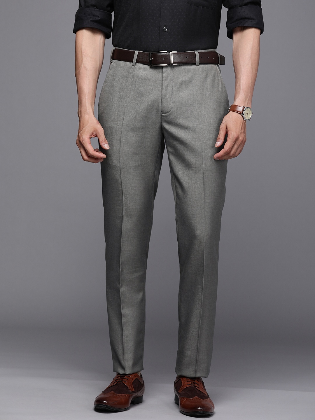 

Raymond Men Grey Textured Slim Fit Mid-Rise Formal Trousers