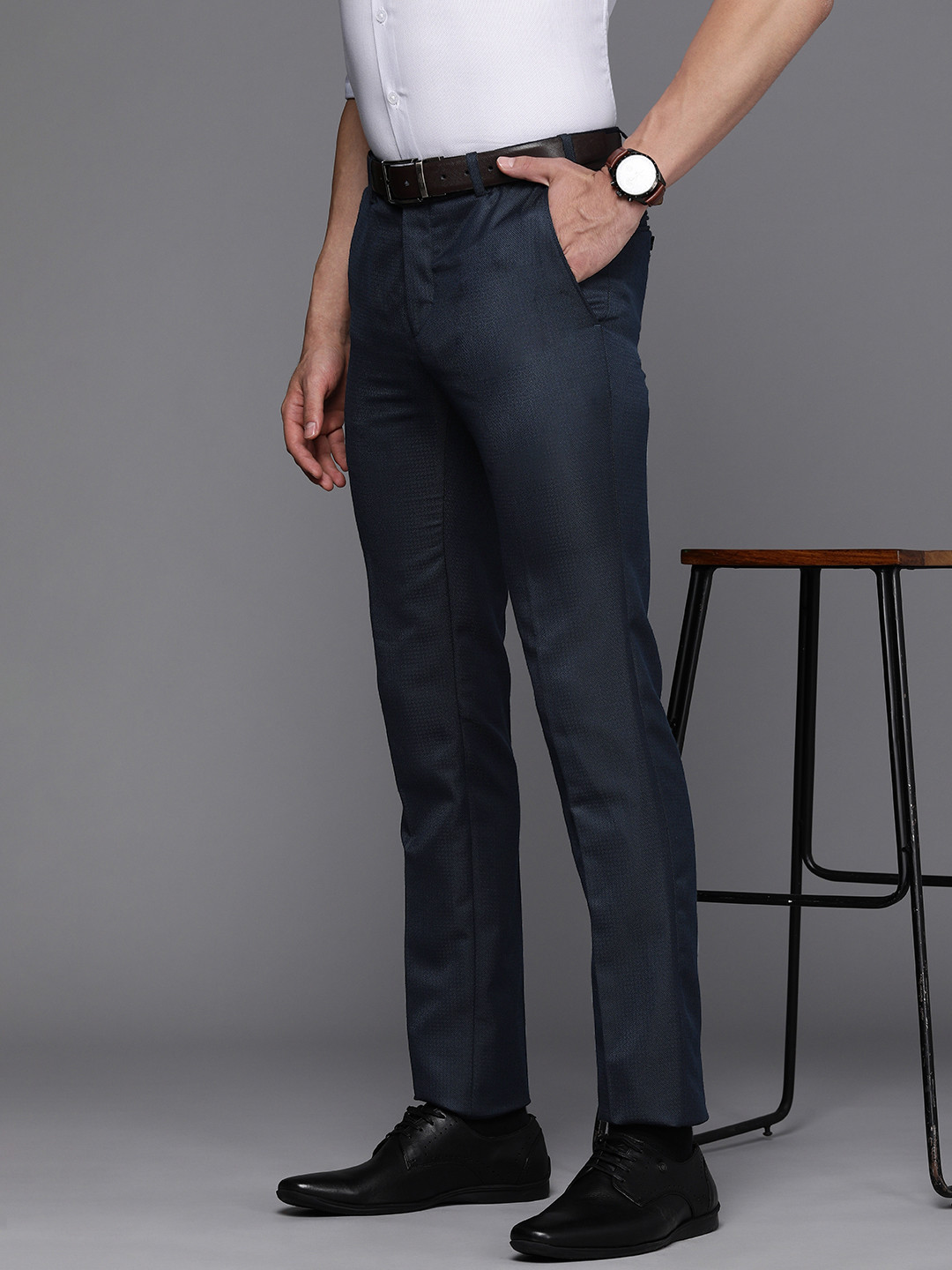 

Raymond Men Blue Self Design Textured Slim Fit Formal Trousers