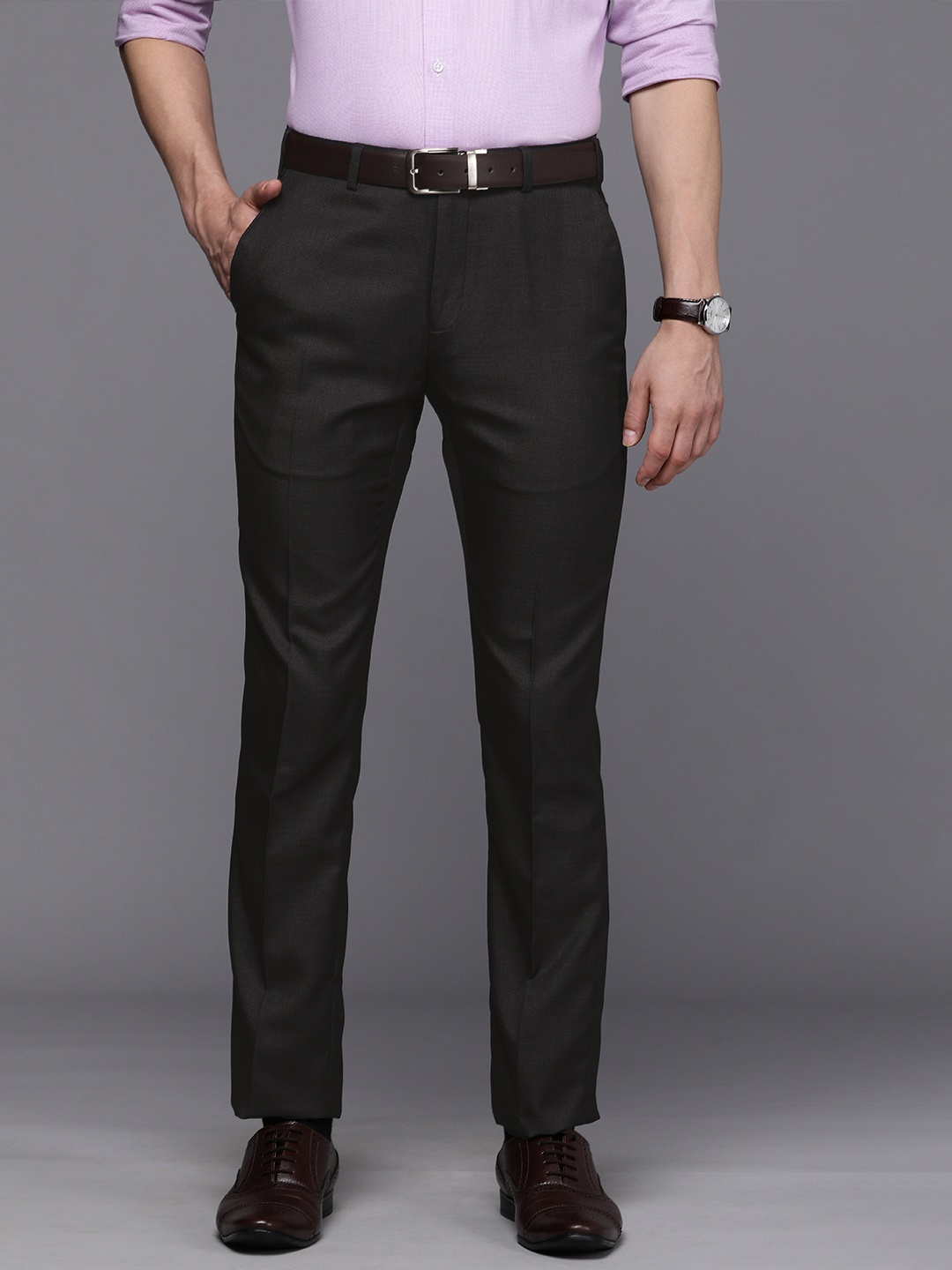 

Raymond Men Charcoal Grey Self-Design Slim Fit Formal Trousers