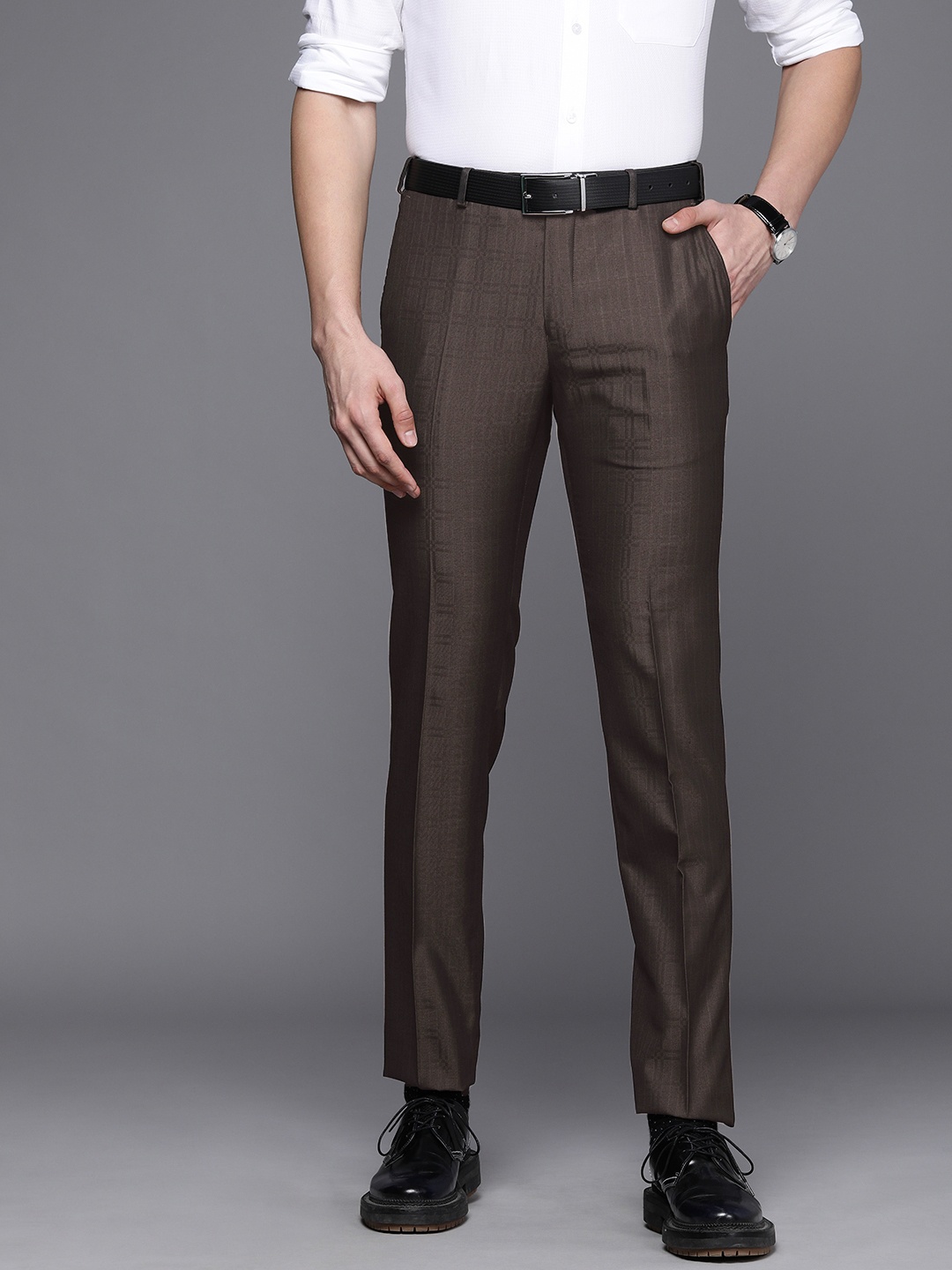 

Raymond Men Brown Self Designed Slim Fit Formal Trousers