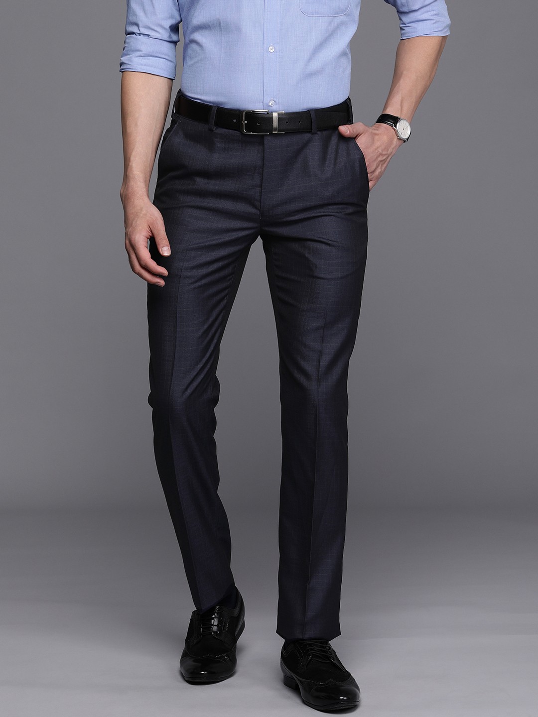 

Raymond Men Navy Blue Checked Slim Fit Formal Trousers