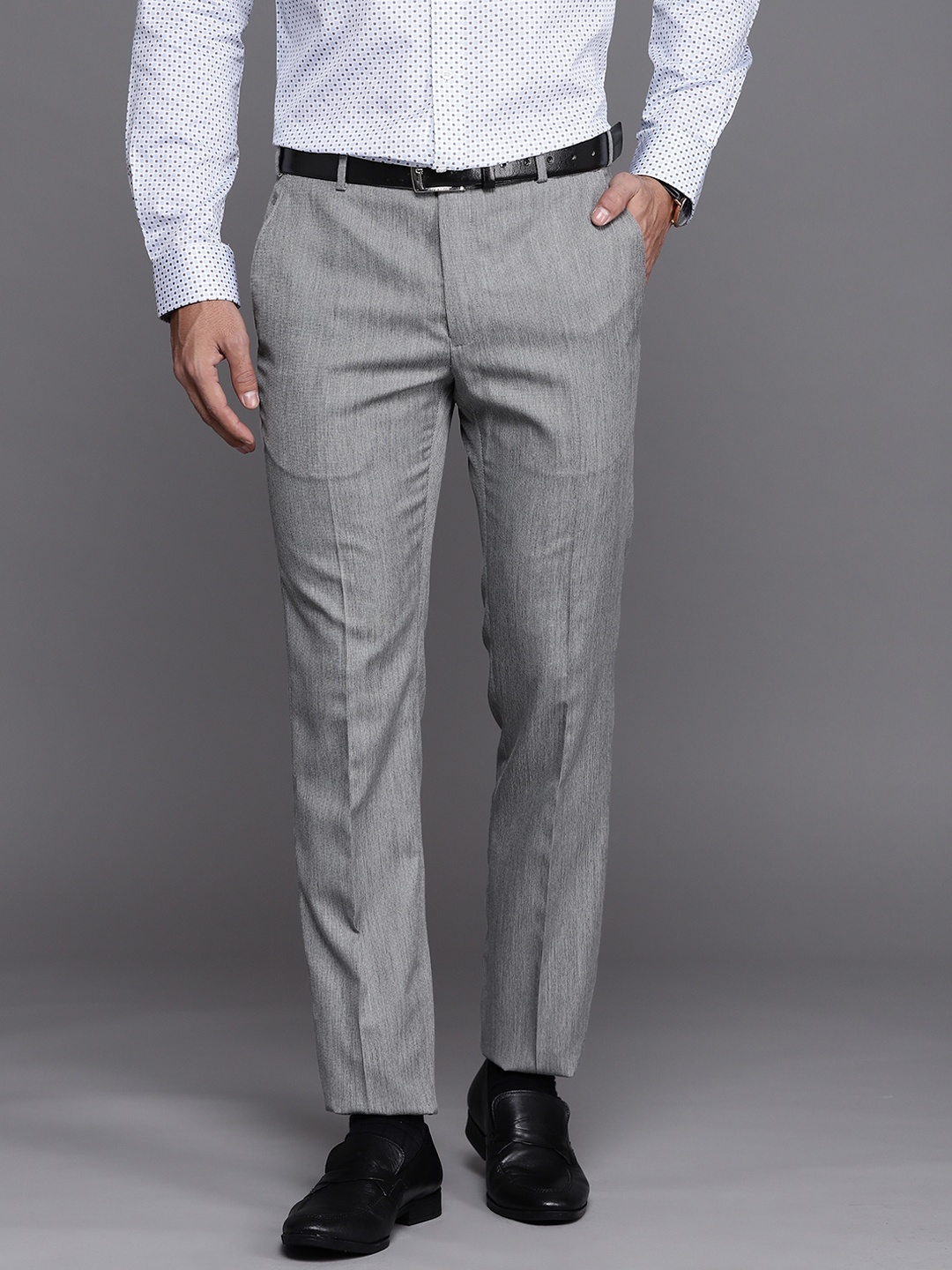 

Raymond Men Grey Solid Slim Fit Flat Front Trousers