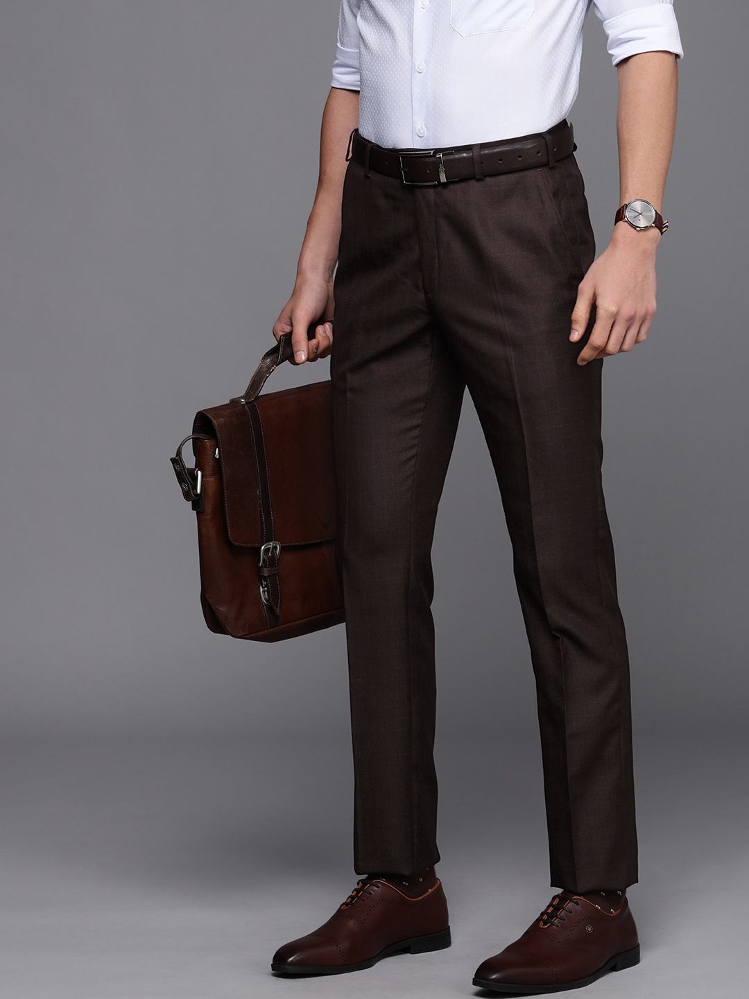 

Raymond Men Brown Checks Slim Fit Wrinkle Free Formal Trousers