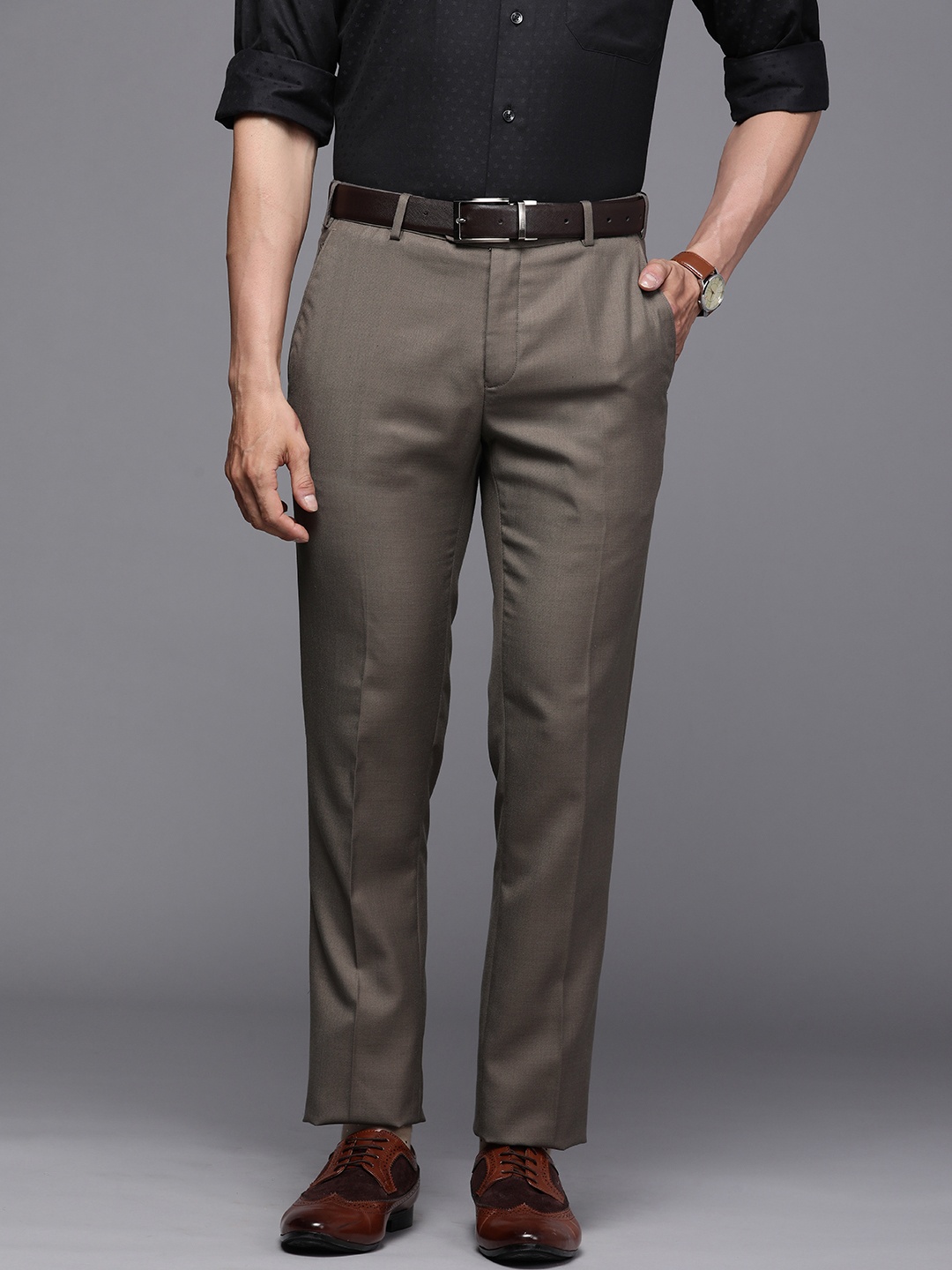 

Raymond Men Brown Textured Slim Fit Mid-Rise Formal Trousers