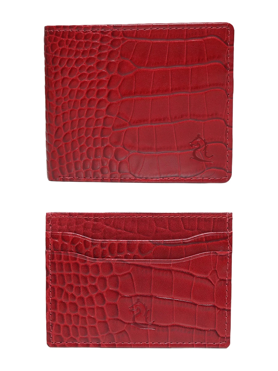 

Kara Men Red Textured Leather Two Fold Wallet With Card Holder Combo