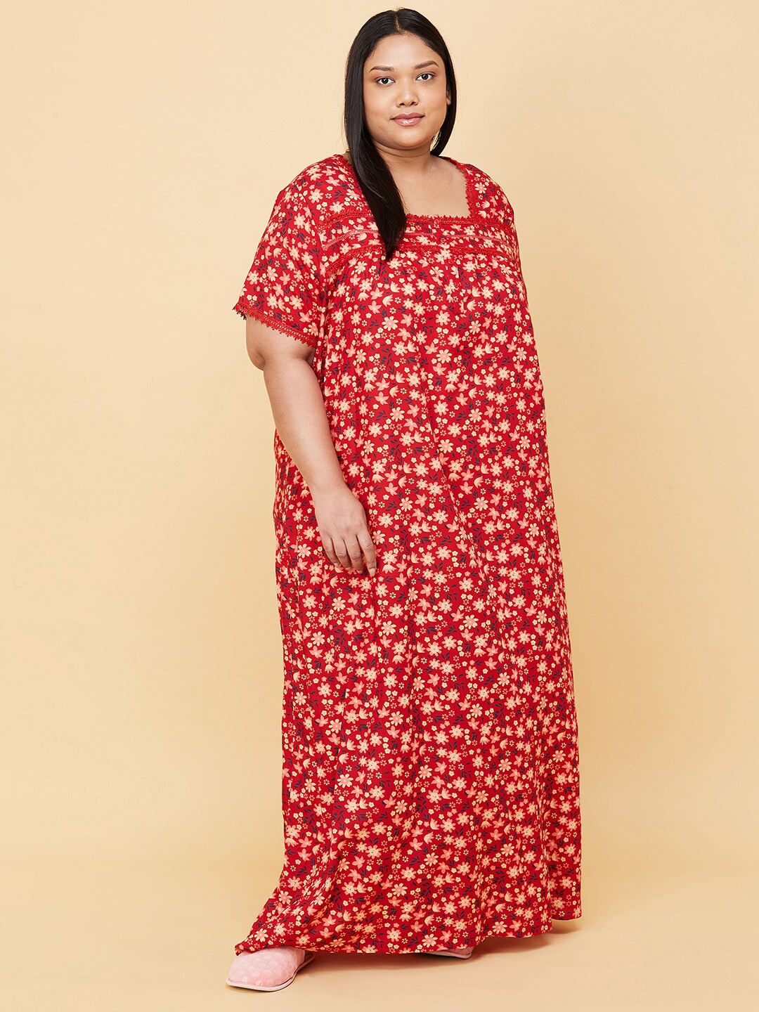 

max Women Plus Size Red Printed Maxi Nightdress