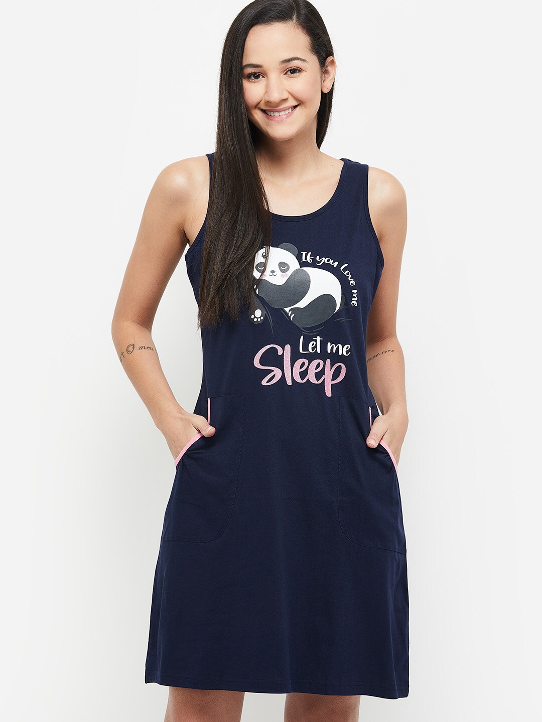 

max Navy Blue Printed Pure Cotton T-Shirt Nightdress