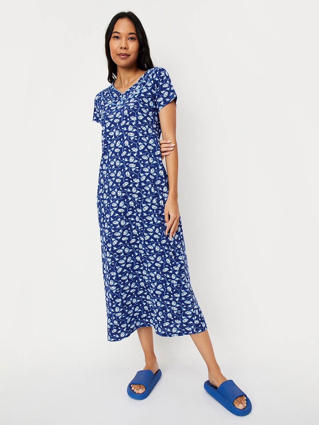 

max Women Navy Blue & white Floral Printed Cotton Maxi Nightdress