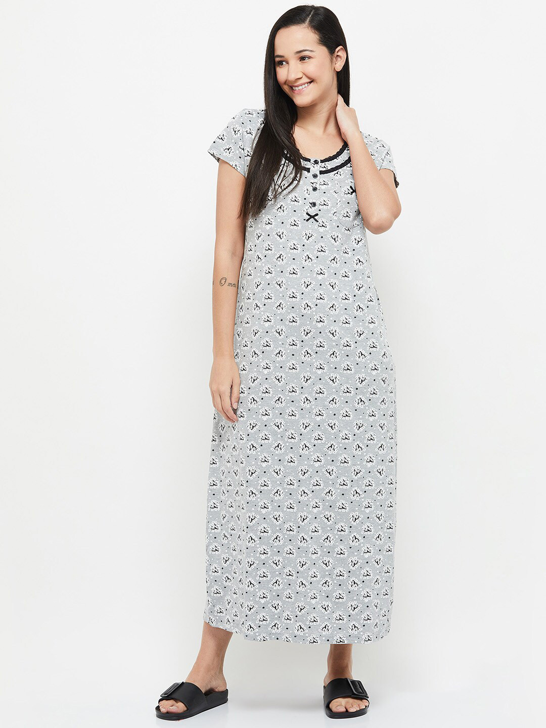 

max Women Grey Melange Printed Maxi Nightdress