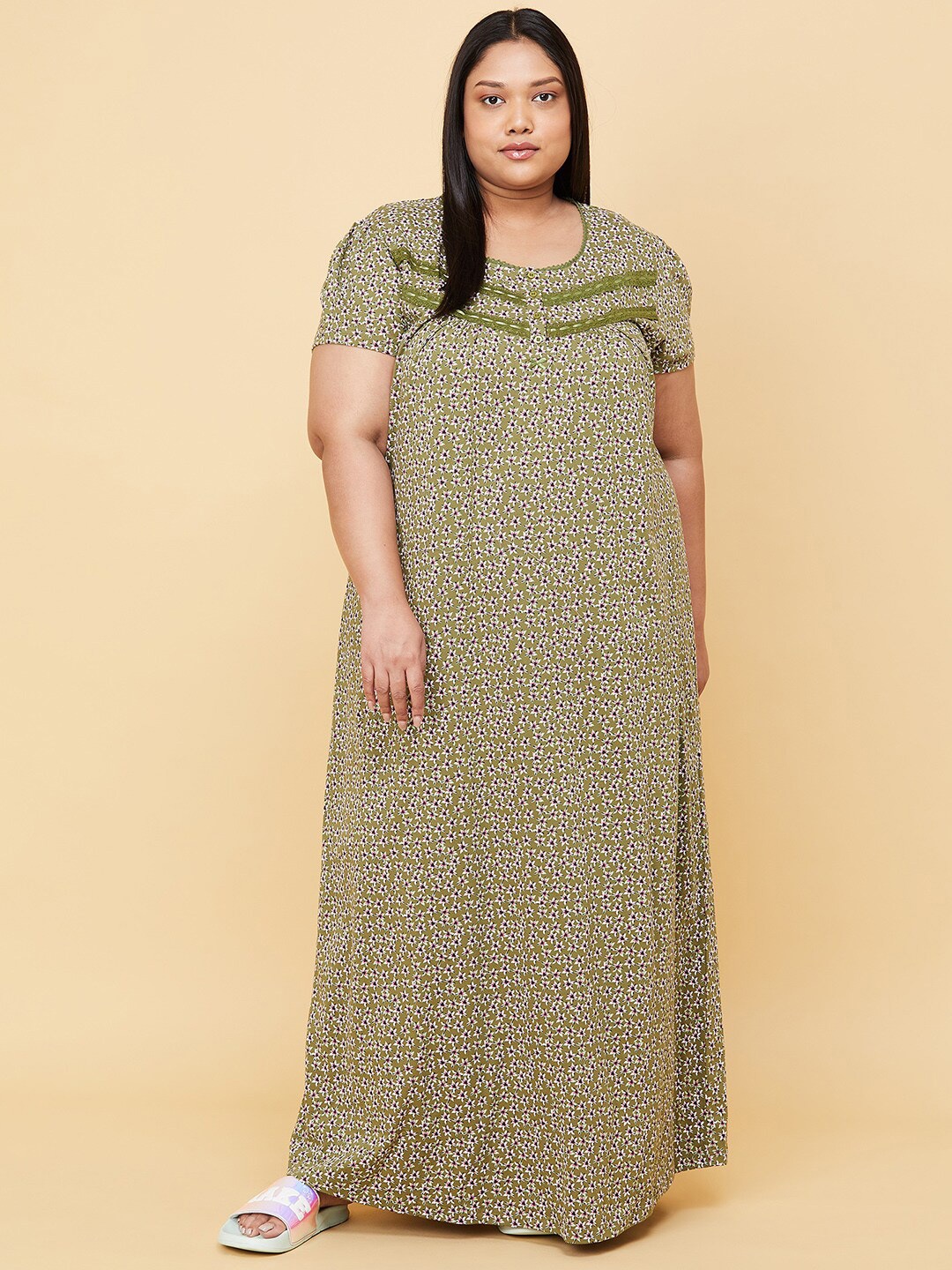 

max Women Plus Size Olive Green Printed Maxi Nightdress