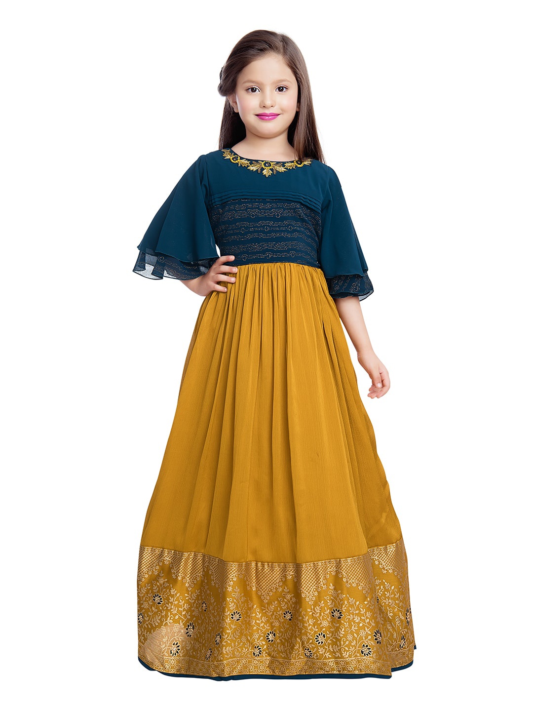 

BETTY Mustard Yellow & Navy Blue Georgette Ethnic Maxi Dress