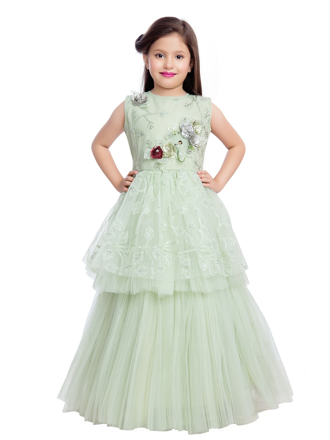 

BETTY Girls Green Silk Embellished Sleeveless Net Maxi Gown