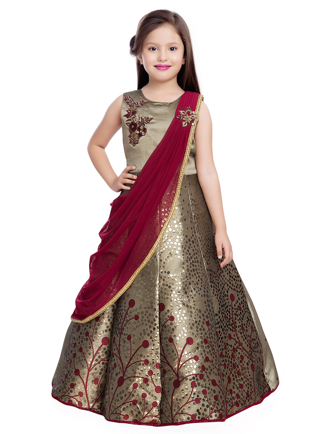 

BETTY Red Floral Jacquard Ethnic Emblished Maxi Dress