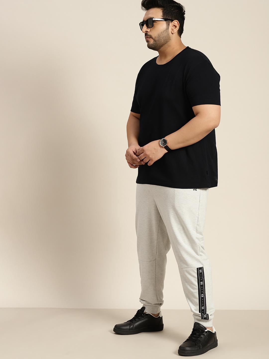 

Sztori Men Plus Size Grey Melange Side Taped Joggers