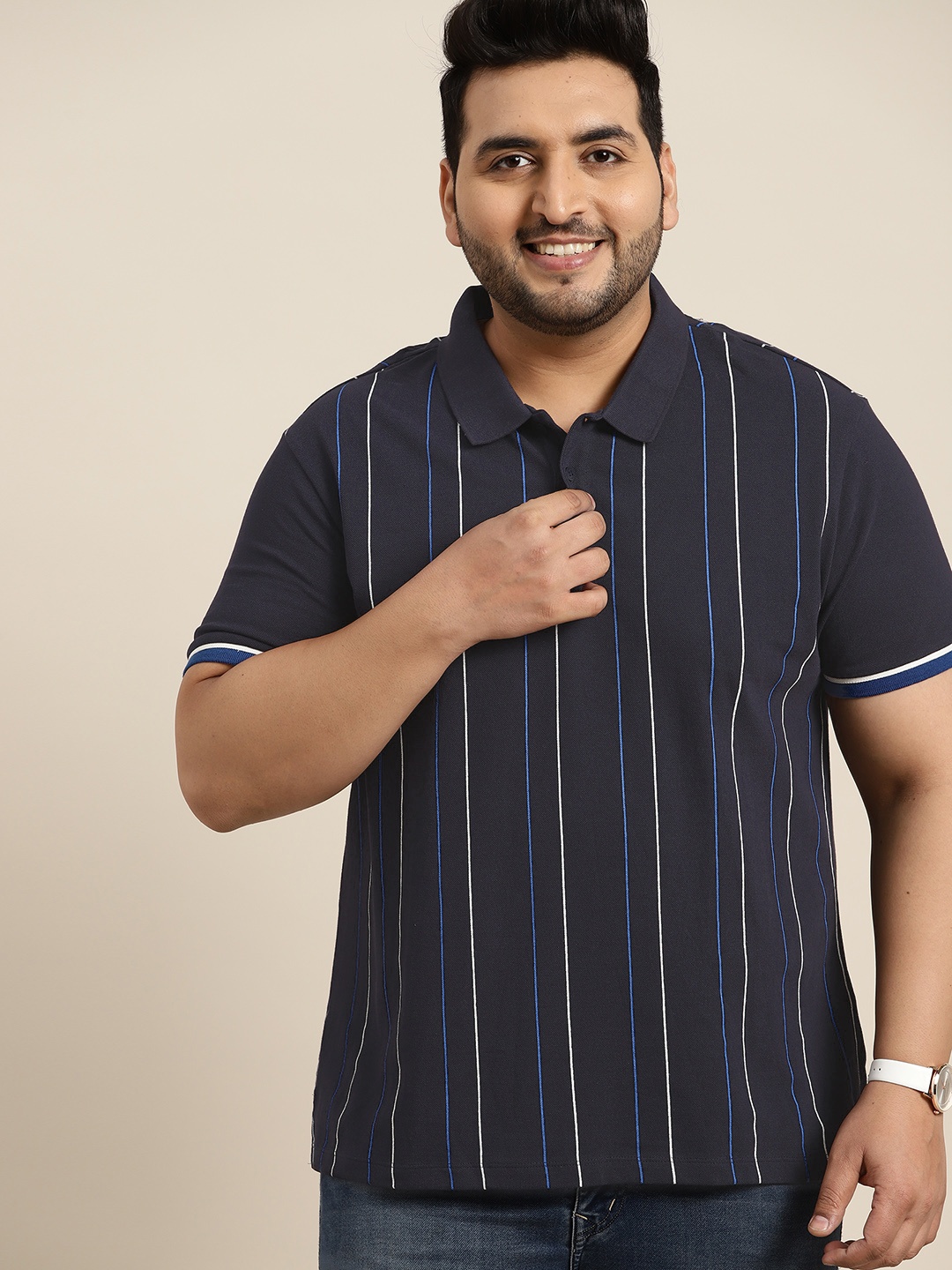 

Sztori Men Plus Size Men Navy Blue & White Pure Cotton Striped Polo Collar T-shirt