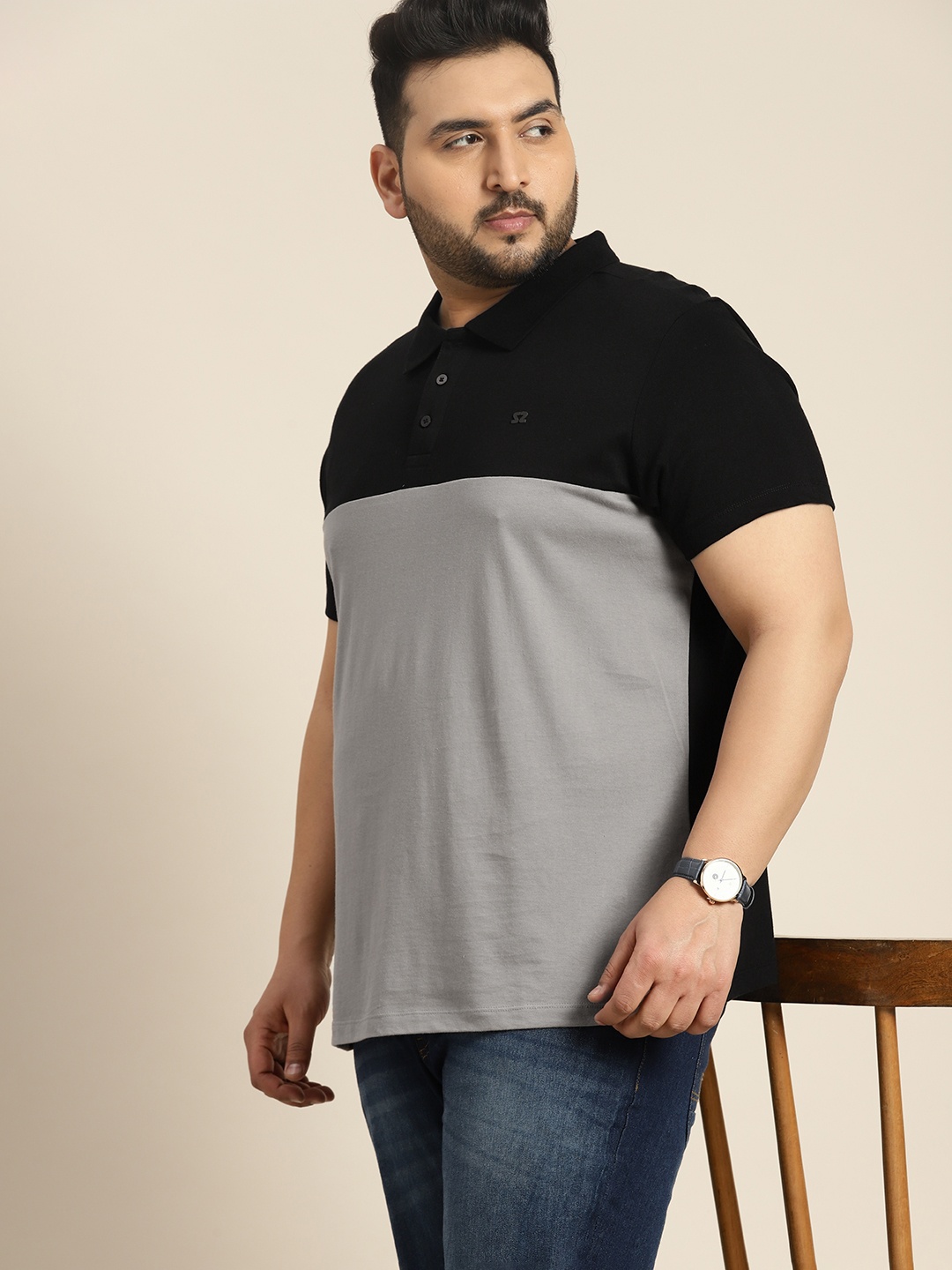 

Sztori Plus Size Colourblocked Polo Collar Pure Cotton T-shirt, Grey