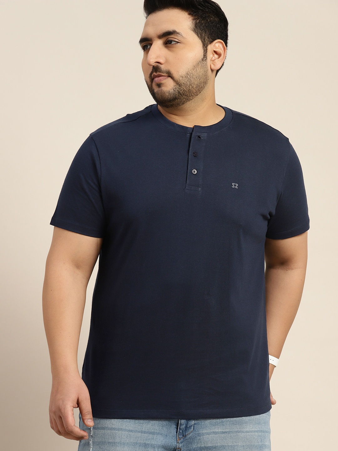 

Sztori Men Plus Size Indigo Henley Neck Pure Cotton T-shirt, Navy blue