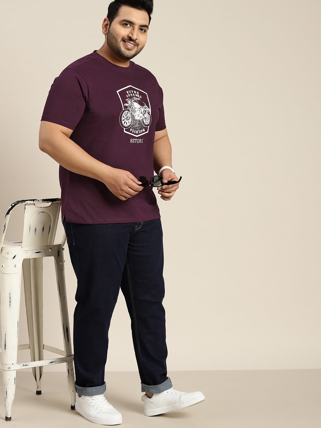 

Sztori Men Plus Size Purple & White Biker Printed Pure Cotton T-shirt
