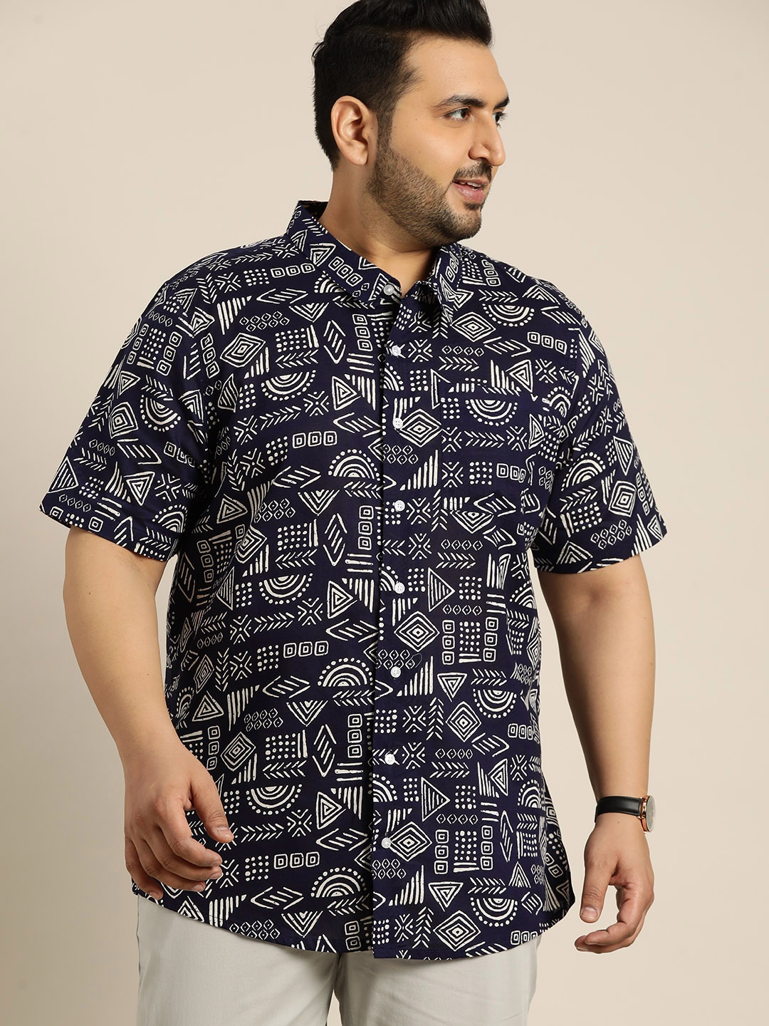 

Sztori Plus Size Tribal Print Pure Cotton Casual Shirt, Navy blue