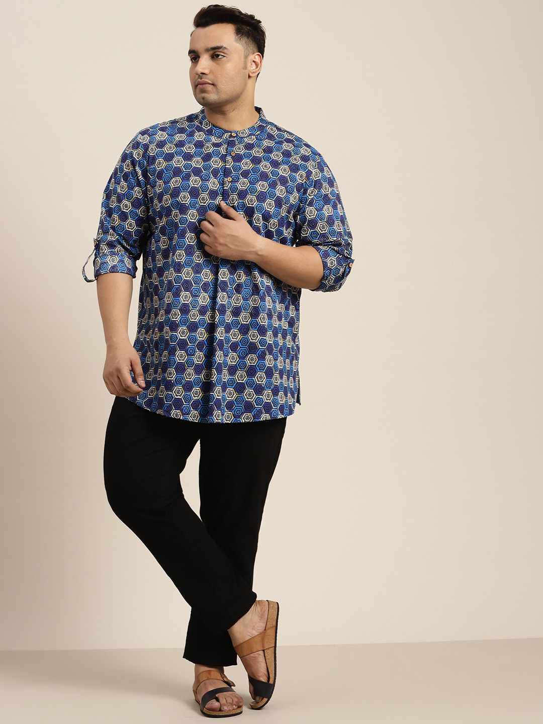 

Sztori Men Plus Size Geometric Printed Pure Cotton Kurta, Blue