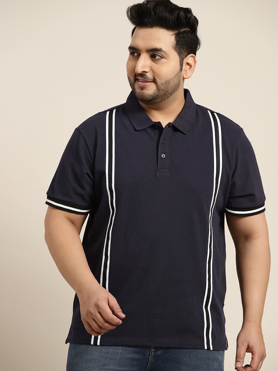 

Sztori Men Plus Size Navy Blue Striped Polo Collar Pure Cotton T-shirt