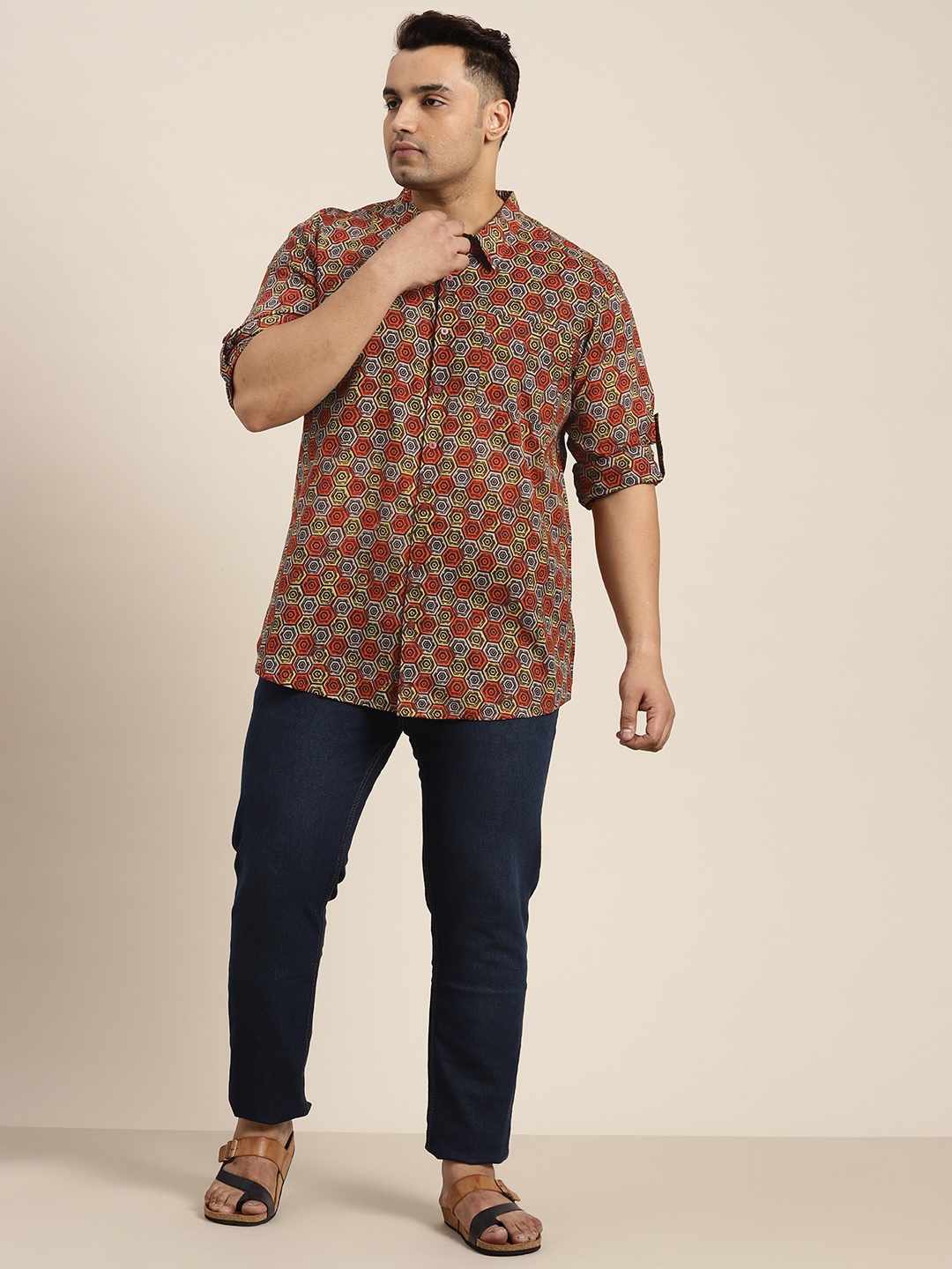

Sztori Men Plus Size Printed Pure Cotton Casual Shirt, Orange