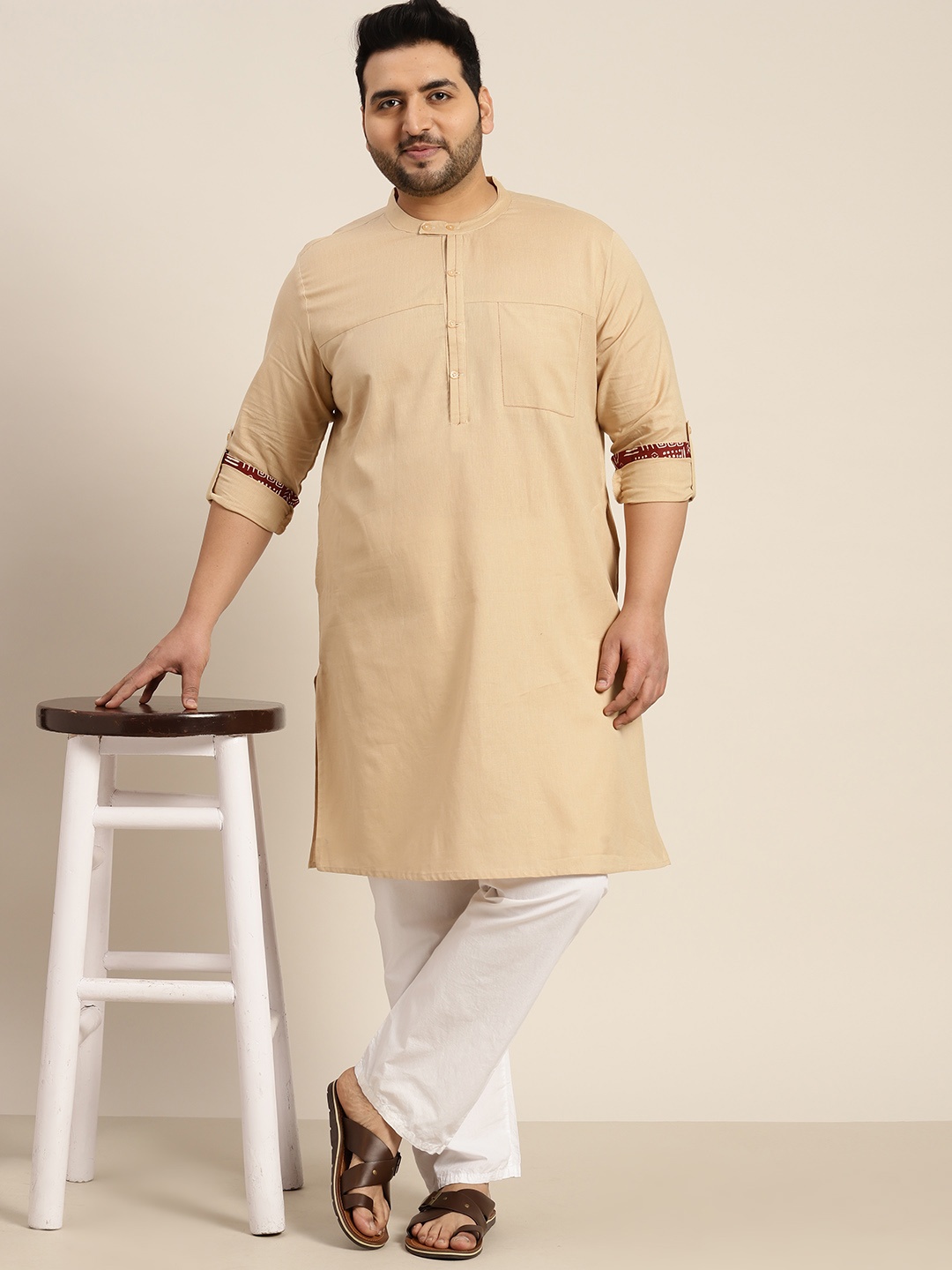 

Sztori Men Plus Size Band Collar Roll-Up Cuffed Sleeves Cotton Linen Kurta, Beige