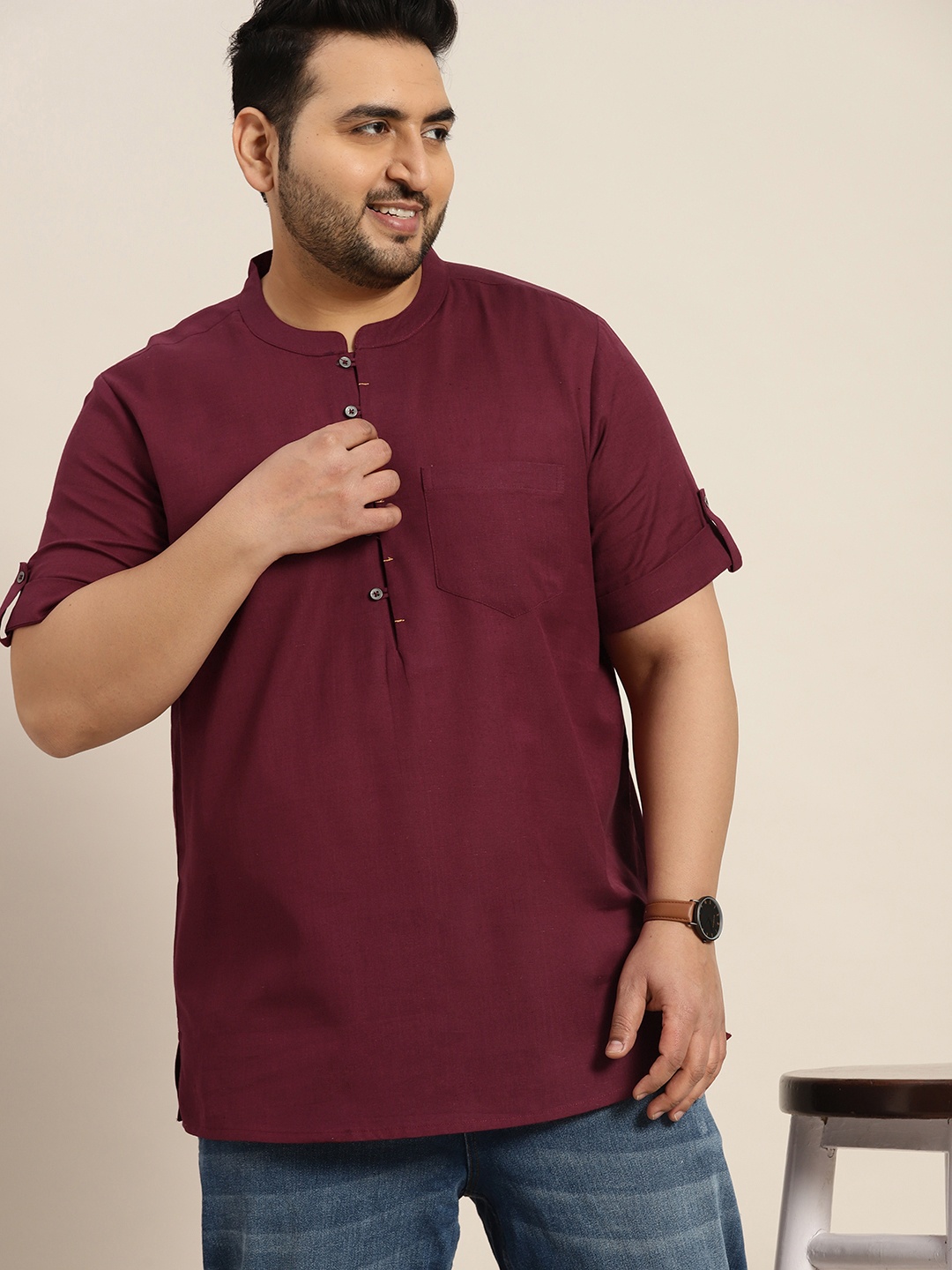 

Sztori Men Plus Size Mandarin Collar Roll-Up Sleeves Cotton Linen Kurta, Burgundy