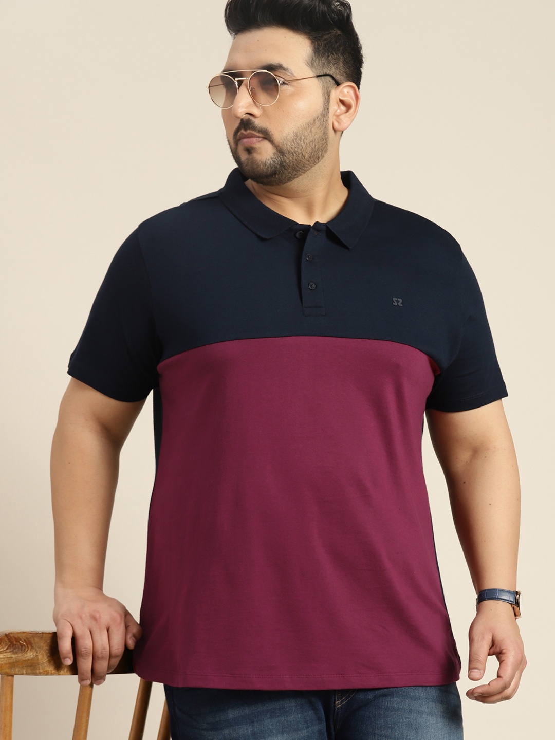 

Sztori Plus Size Colourblocked Polo Collar Pure Cotton T-shirt, Burgundy