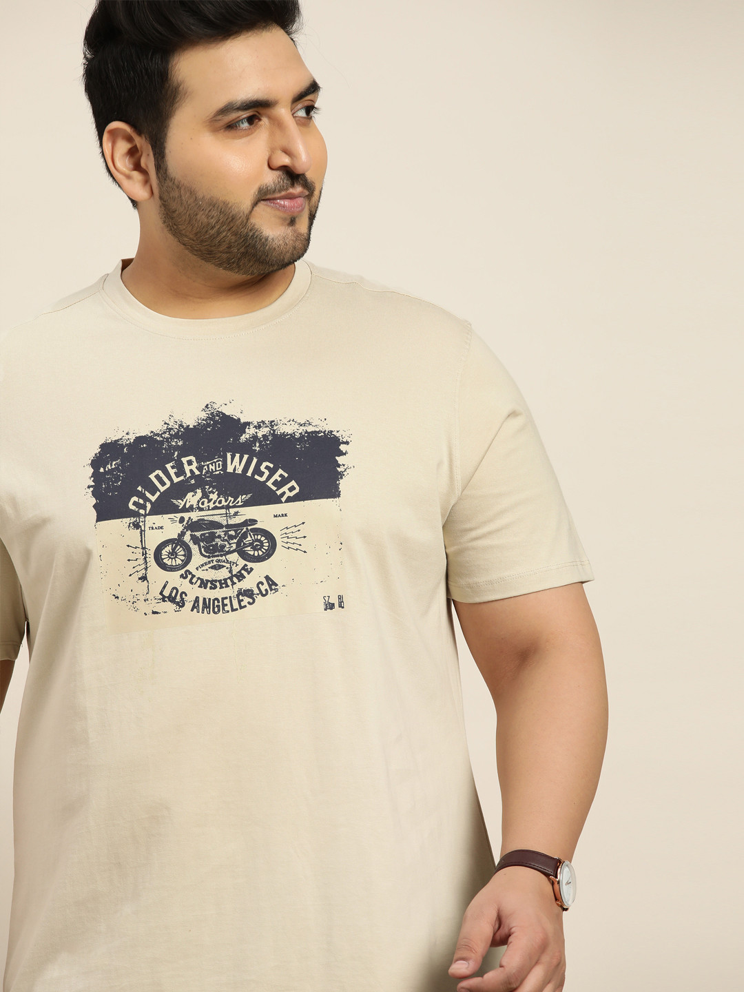

Sztori Men Plus Size Beige & Black Typography Printed Pure Cotton T-shirt