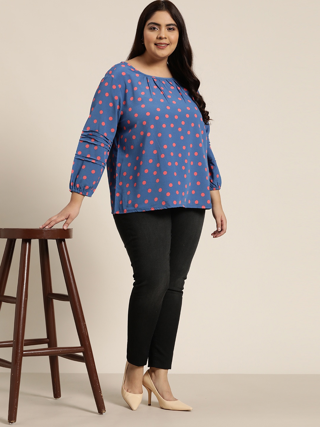 

Sztori Plus Size Blue & Pink Polka Dot Print Top