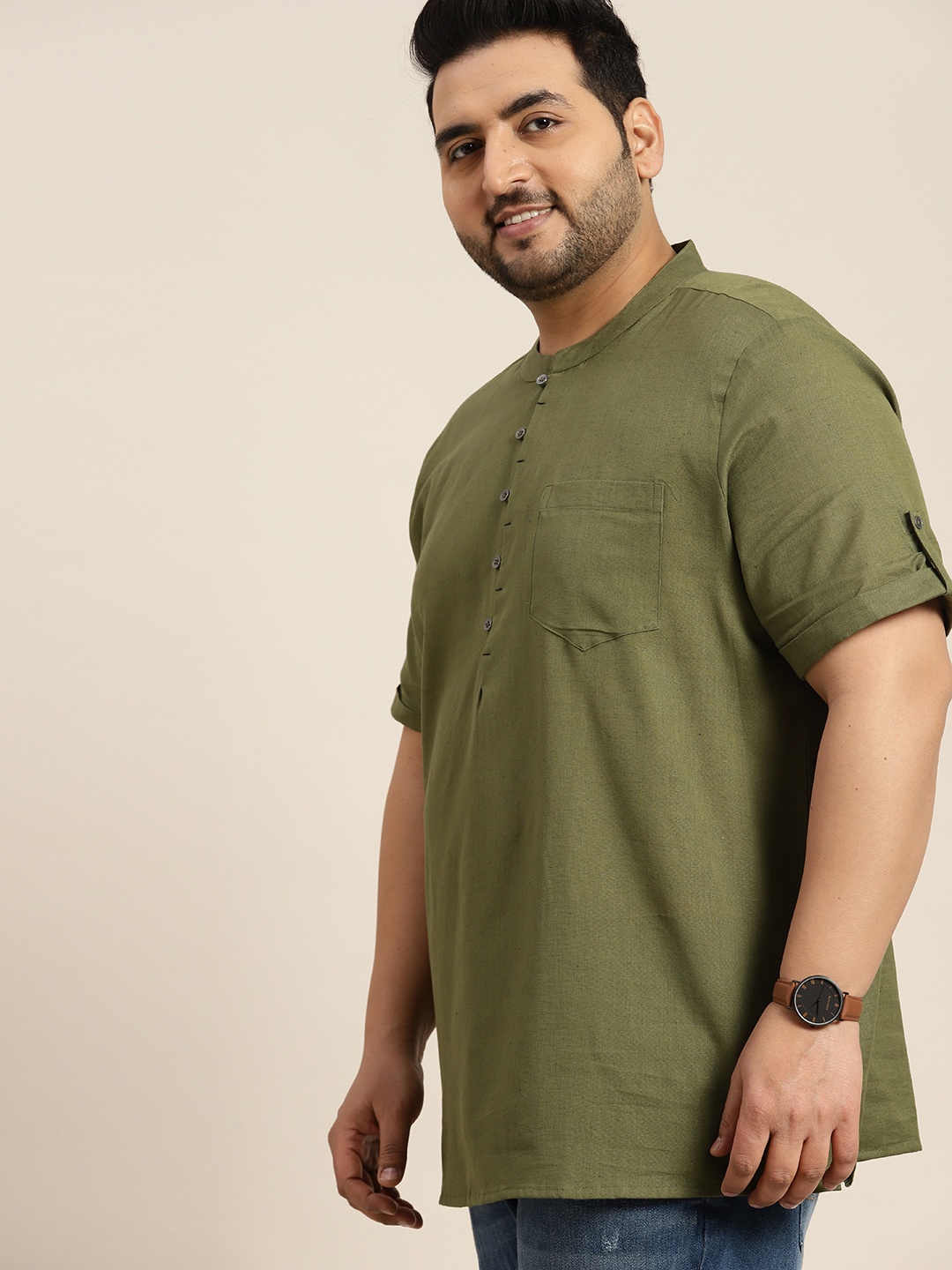 

Sztori Men Plus Size Mandarin Collar Roll-Up Sleeves Cotton Linen Kurta, Olive