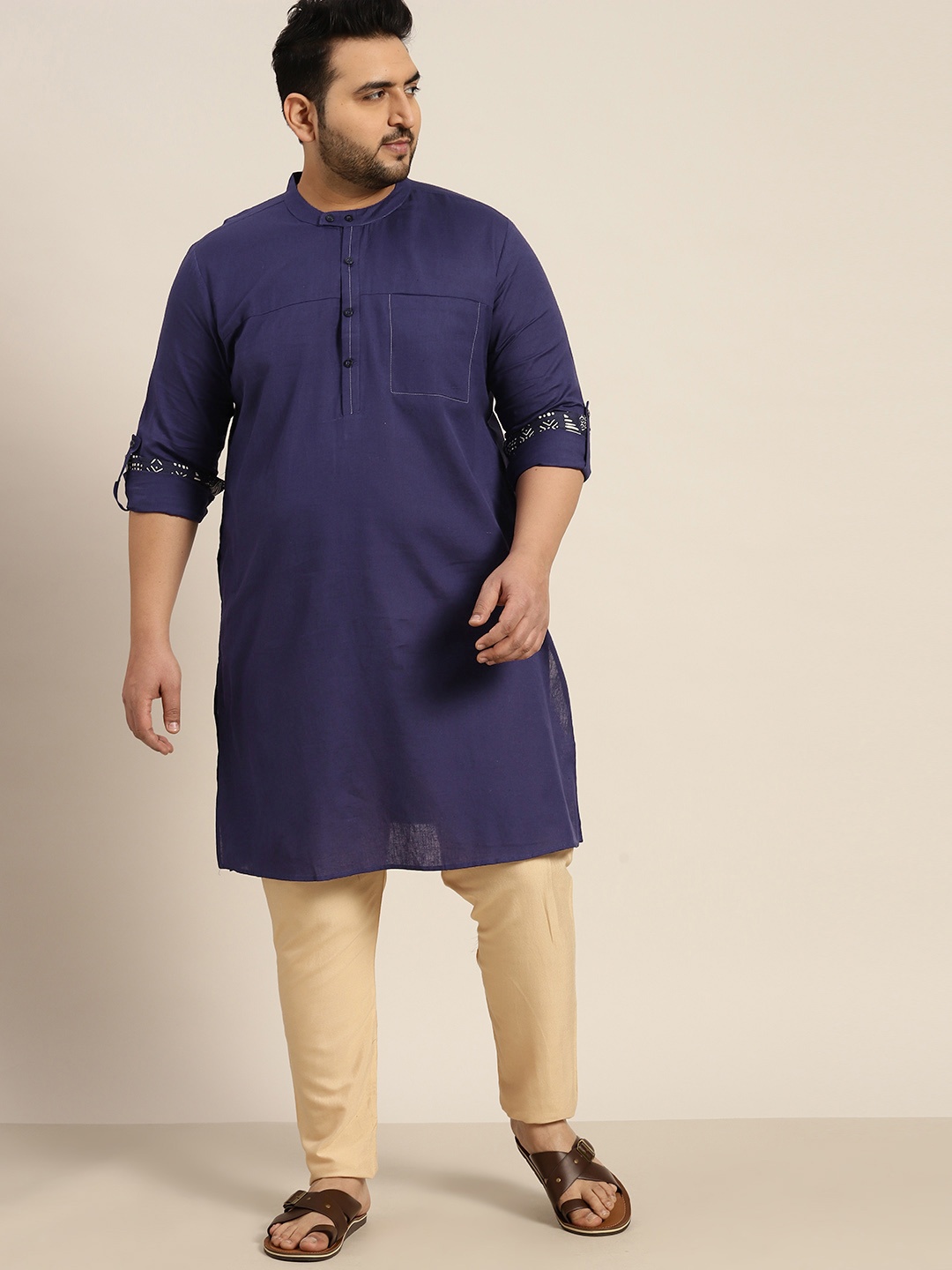 

Sztori Men Plus Size Band Collar Roll-Up Cuffed Sleeves Cotton Linen Kurta, Navy blue
