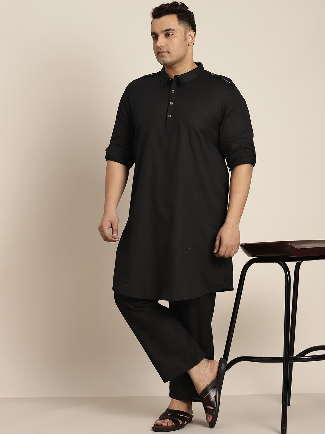 

Sztori Men Plus Size Solid Kurta with Trousers, Black